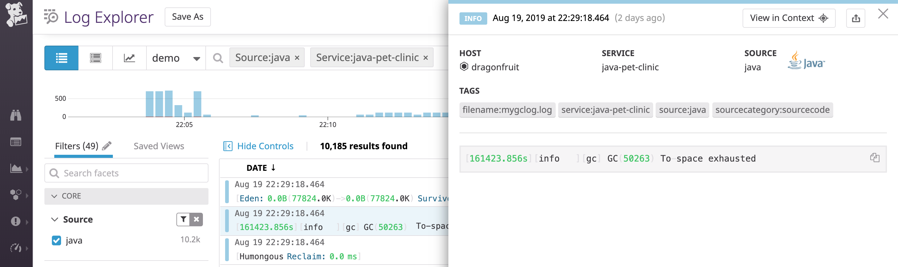 monitor java memory management by collecting garbage collection logs like this, which shows g1gc to space exhausted, indicating high heap pressure