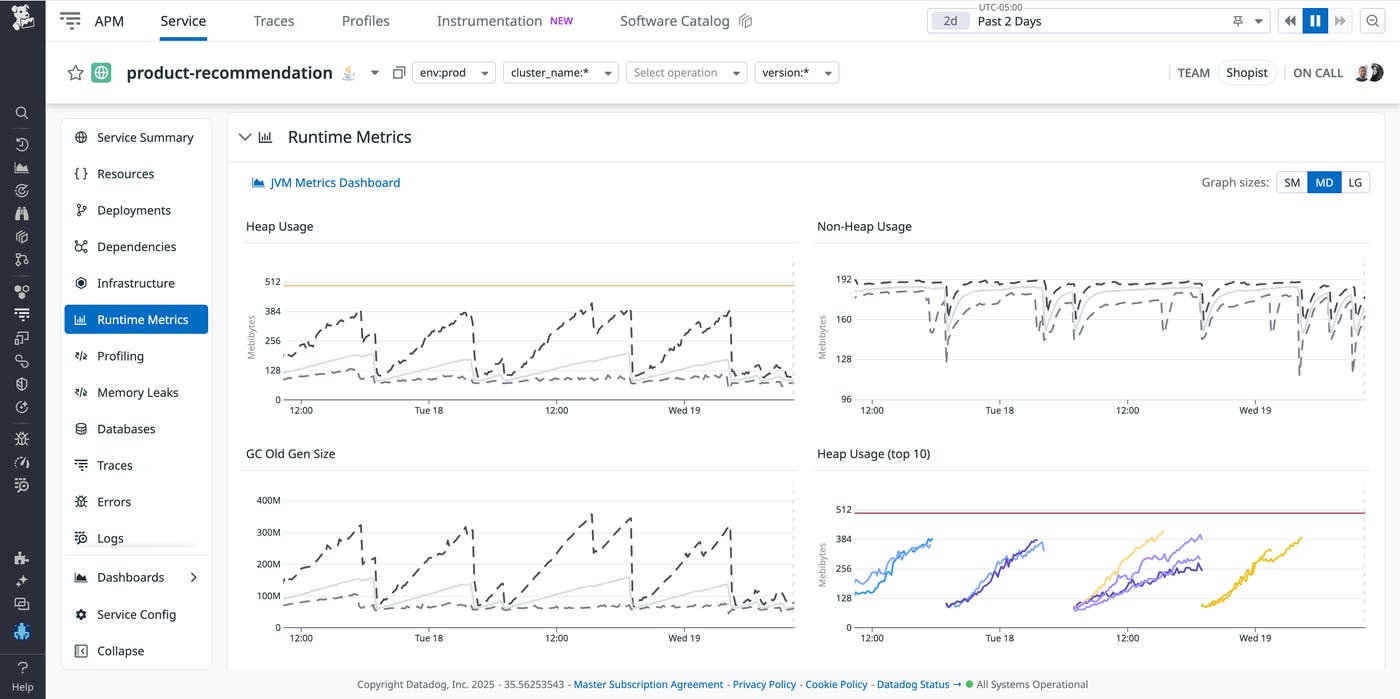 View JVM metrics in the Datadog Service Catalog. View JVM metrics in the Datadog Service Catalog.