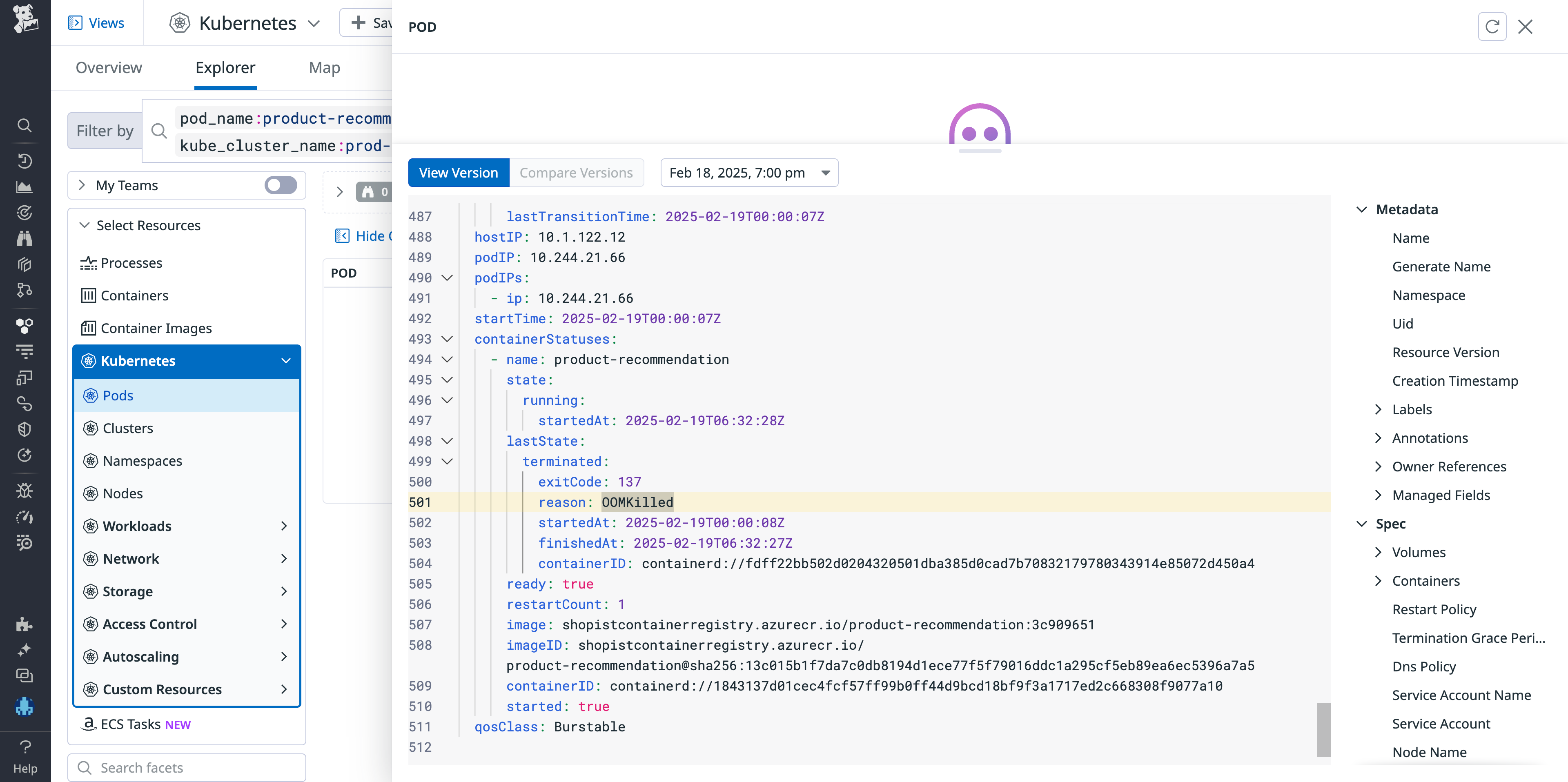 View a detailed history of the pod's lifecycle in the Kubernetes explorer.