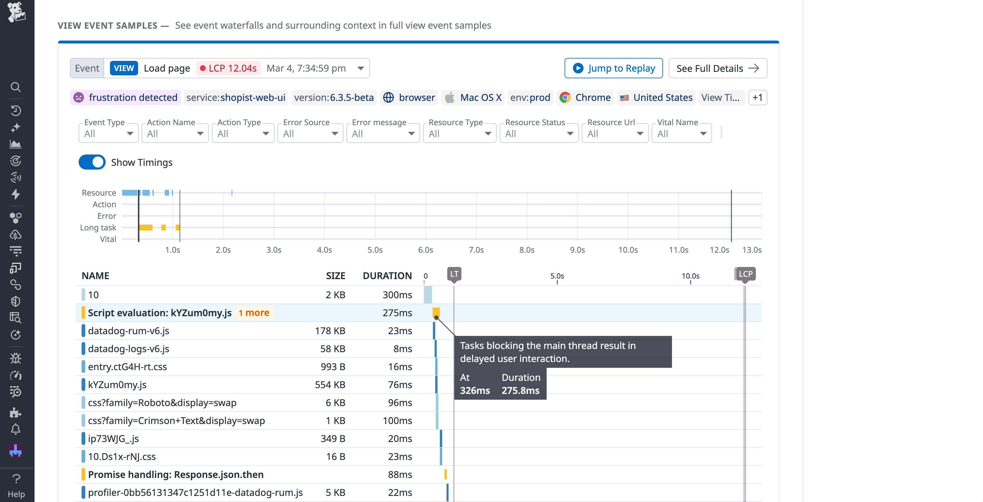 An event waterfall for the /cart page that highlights long tasks.