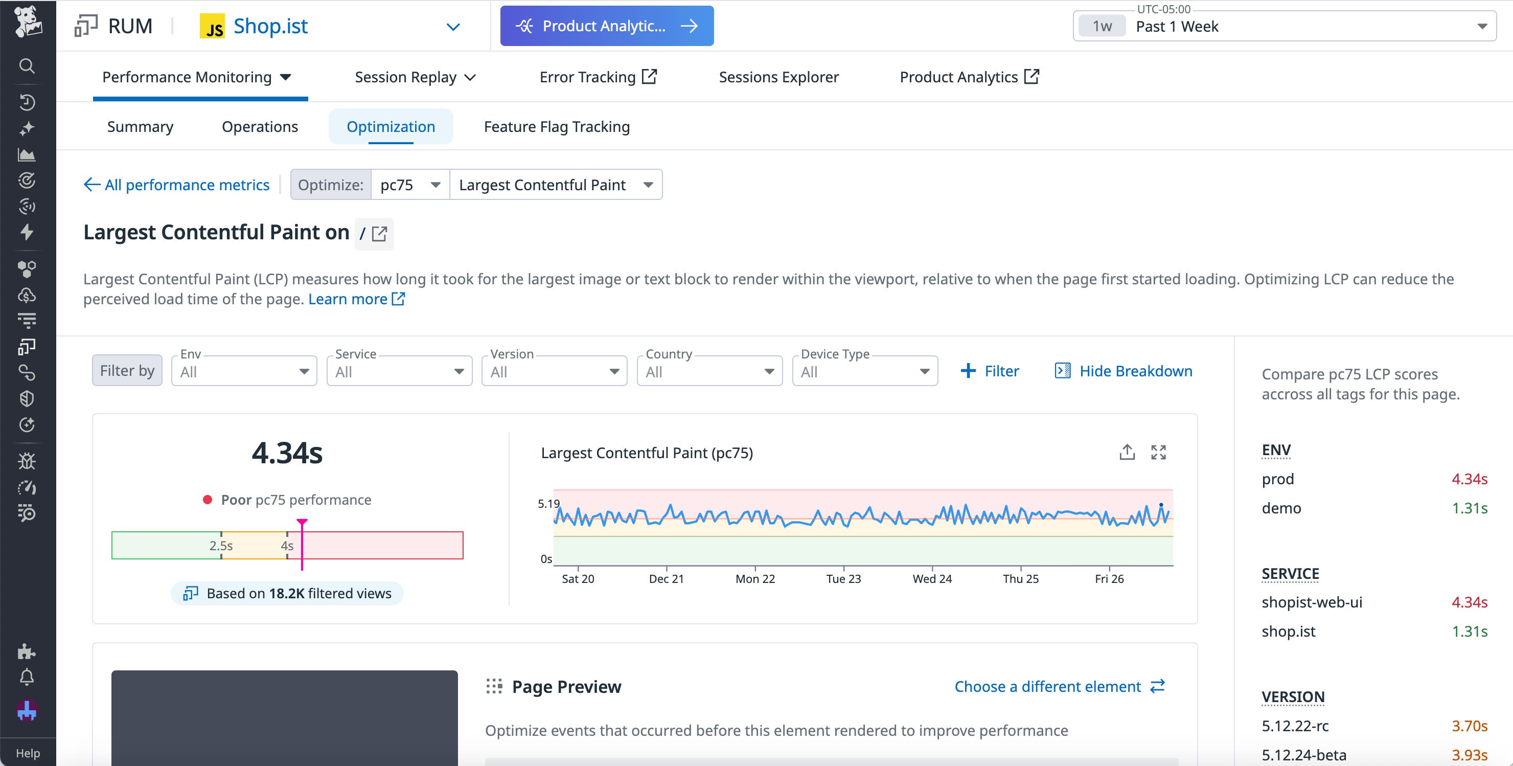 The LCP Optimization overview for an app's homepage, with visualizations highlighting poor performance metrics displayed. The LCP Optimization overview for an app's homepage, with visualizations highlighting poor performance metrics displayed.