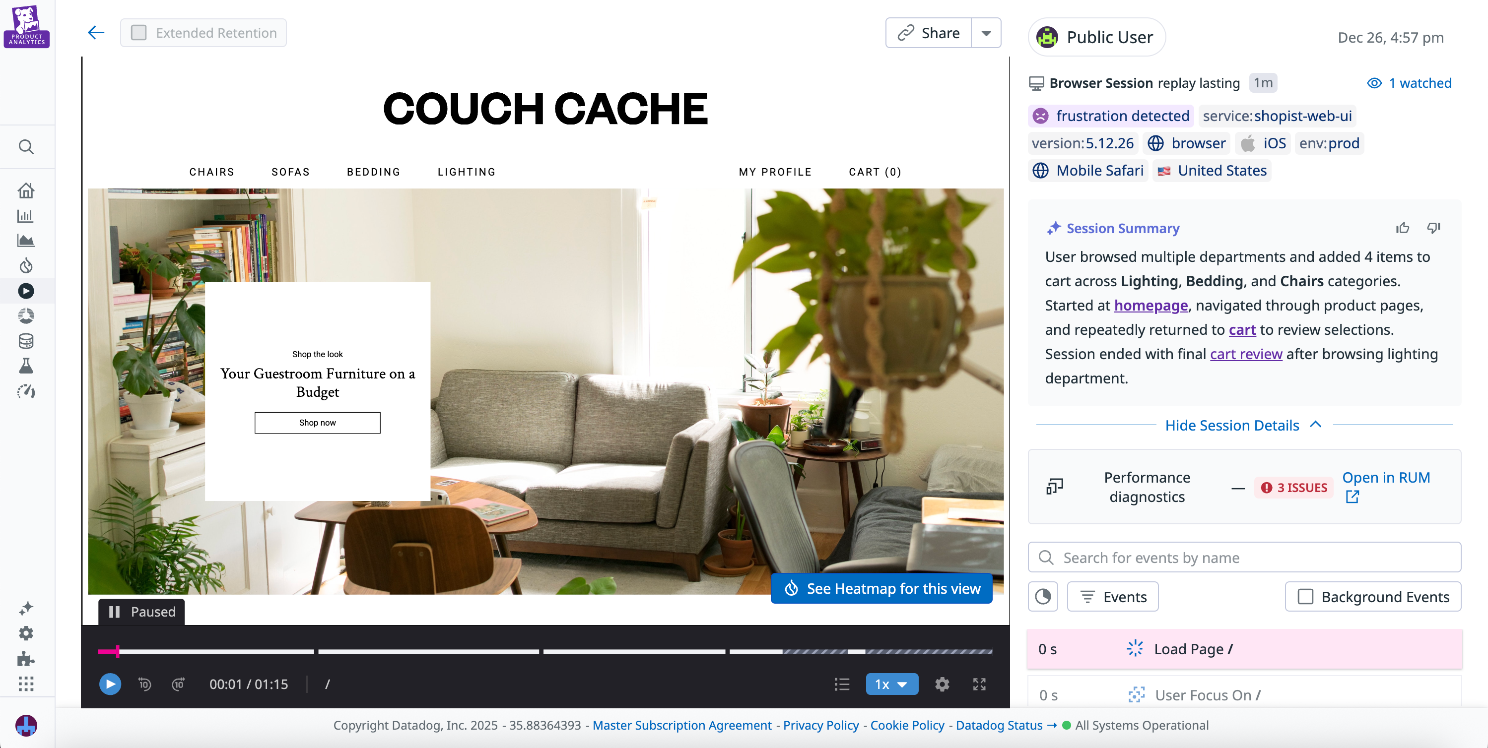 A replay for a session that experienced multiple issues.