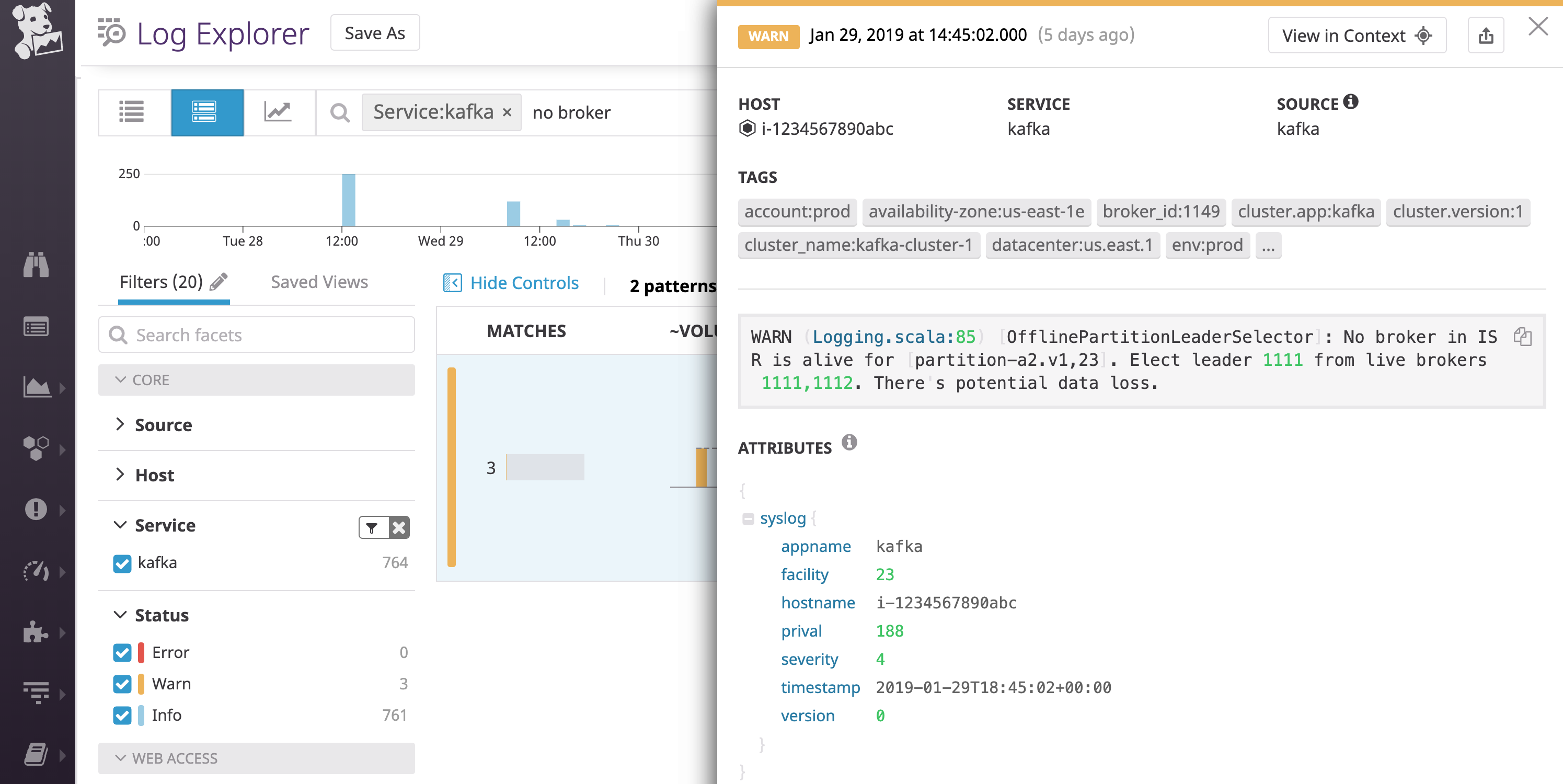 Kafka log when unclean leader election takes place: [OfflinePartitionLeaderSelector]: No broker in ISR is alive for [<PARTITION_NAME>]. Elect leader <BROKER_NUMBER> from live brokers <BROKER_NUMBER>. There's potential data loss.