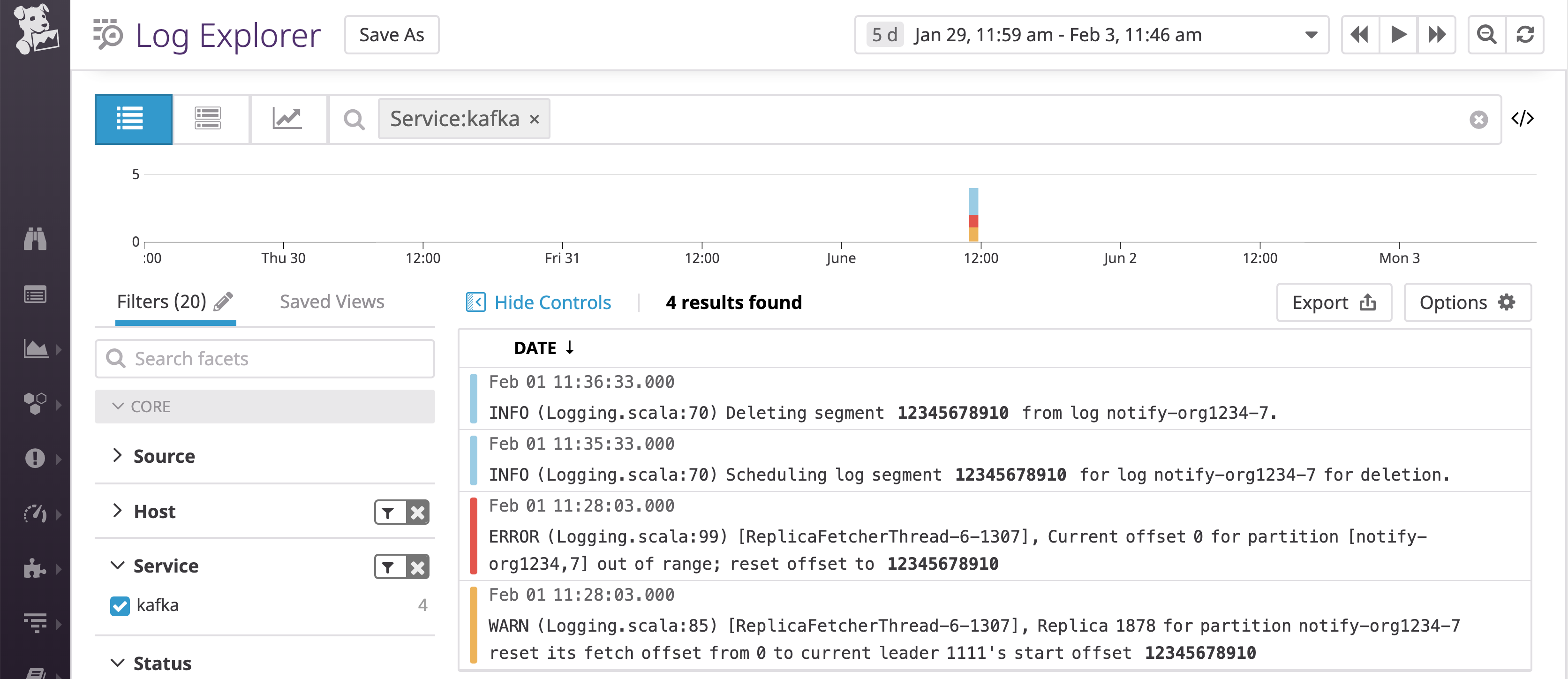 Kafka log when old leader comes back online after unclean leader election: [TIMESTAMP] WARN [ReplicaFetcherThread-6-<BROKER_B>], Replica <BROKER_A> for partition <PARTITION_NAME> reset its fetch offset from <NEW_LEADER'S_OFFSET> to current leader <BROKER_B>'s latest offset <NEW_LEADER'S_OFFSET> (kafka.server.ReplicaFetcherThread) [TIMESTAMP] INFO Truncating log <PARTITION_NAME> to offset <NEW_LEADER'S_OFFSET>. (kafka.log.Log) [TIMESTAMP] INFO Scheduling log segment <OLD_OFFSET> for <PARTITION_NAME> for deletion. (kafka.log.Log)