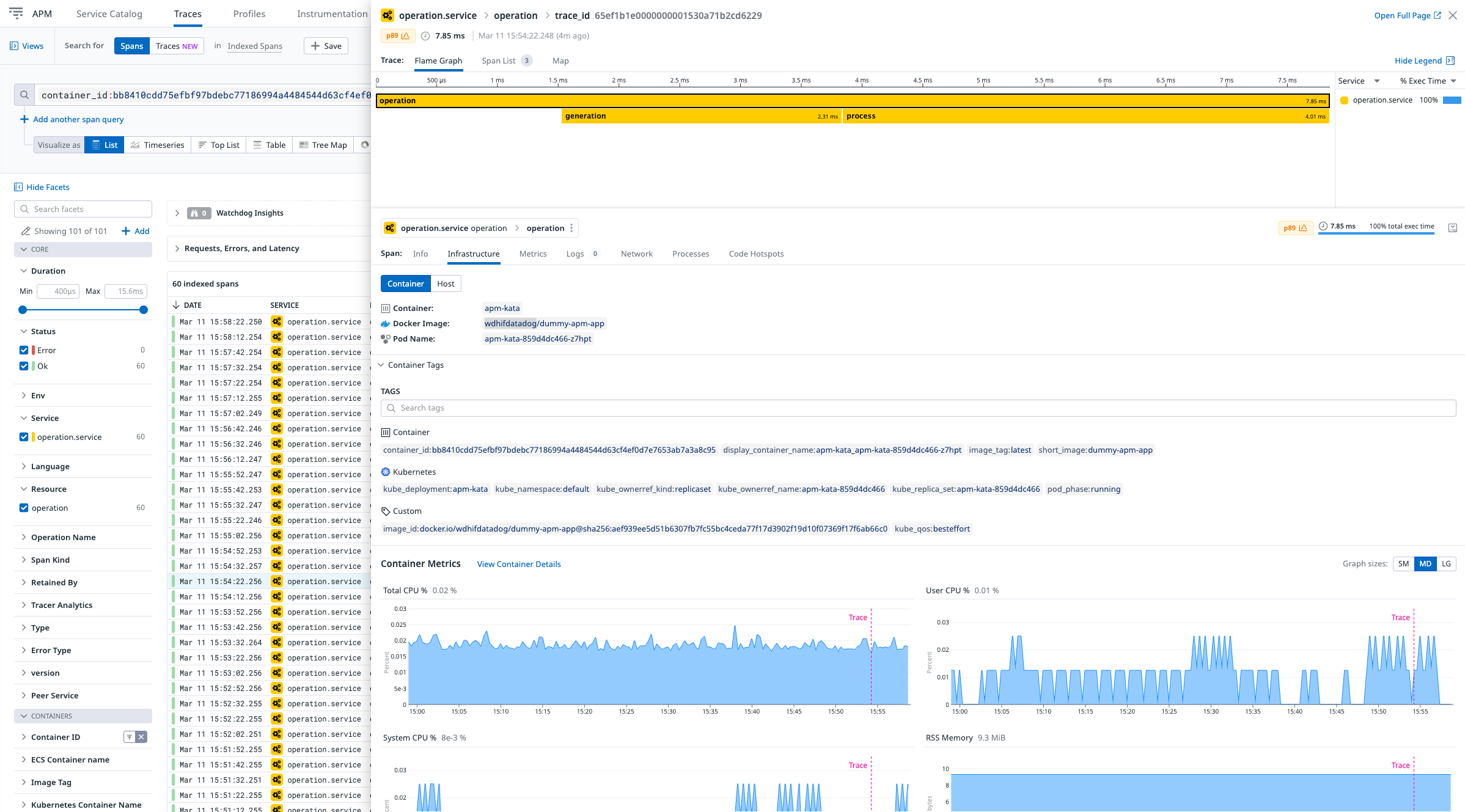 Trace for an application hosted in a Kata Container
