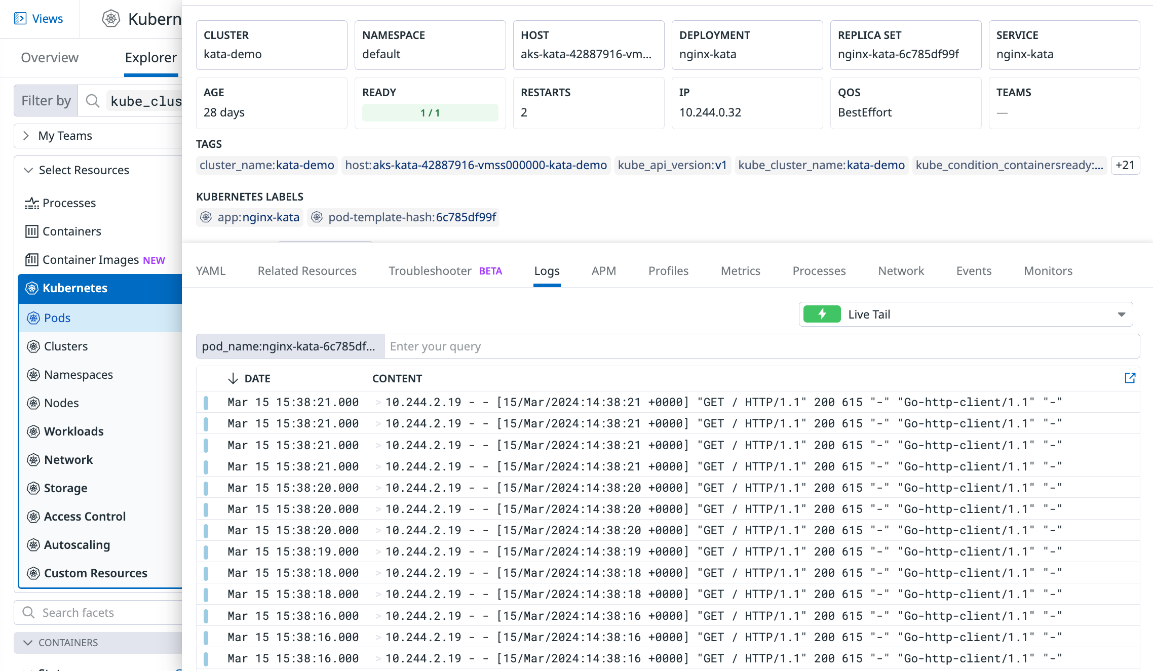 Logs for an app hosted in a Kata Container