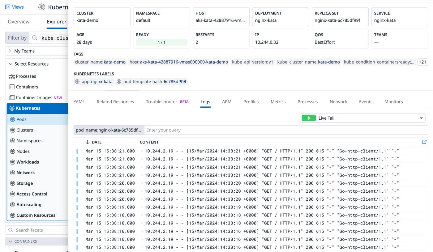 Logs for an app hosted in a Kata Container Logs for an app hosted in a Kata Container