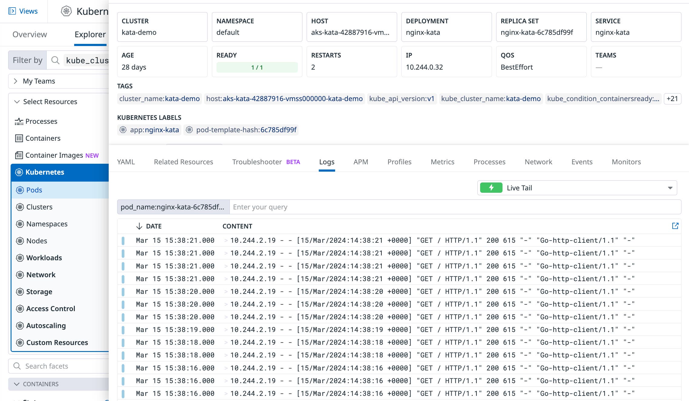 Logs for an app hosted in a Kata Container Logs for an app hosted in a Kata Container
