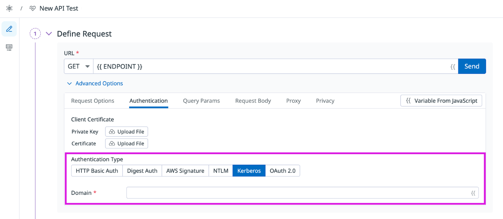 Screenshot of Kerberos authentication settings in a private location in Datadog.
