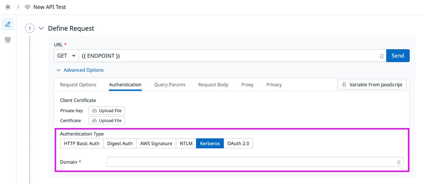 Screenshot of Kerberos authentication settings in a private location in Datadog. Screenshot of Kerberos authentication settings in a private location in Datadog.