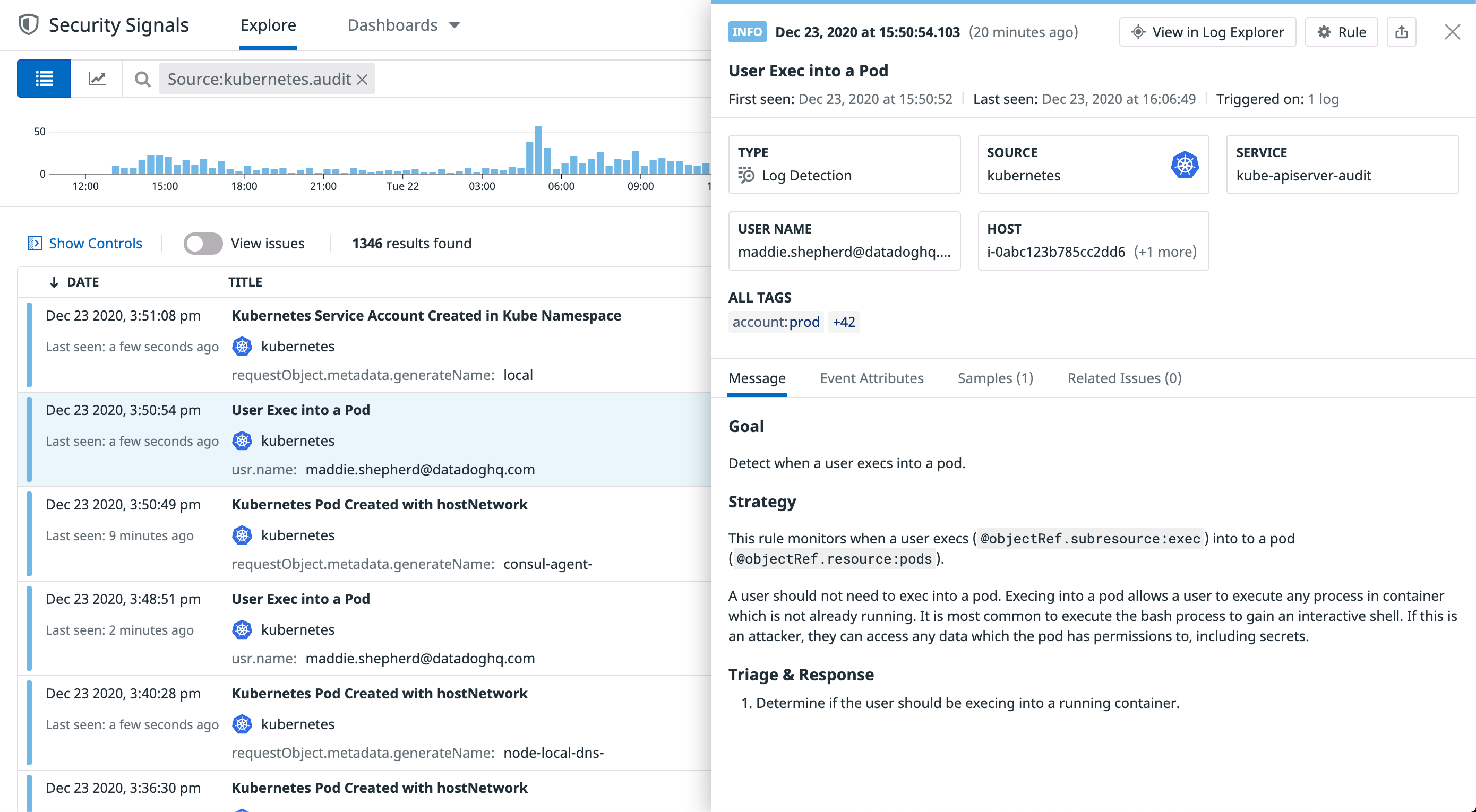 Security Signal for a user attempting to exec into a pod