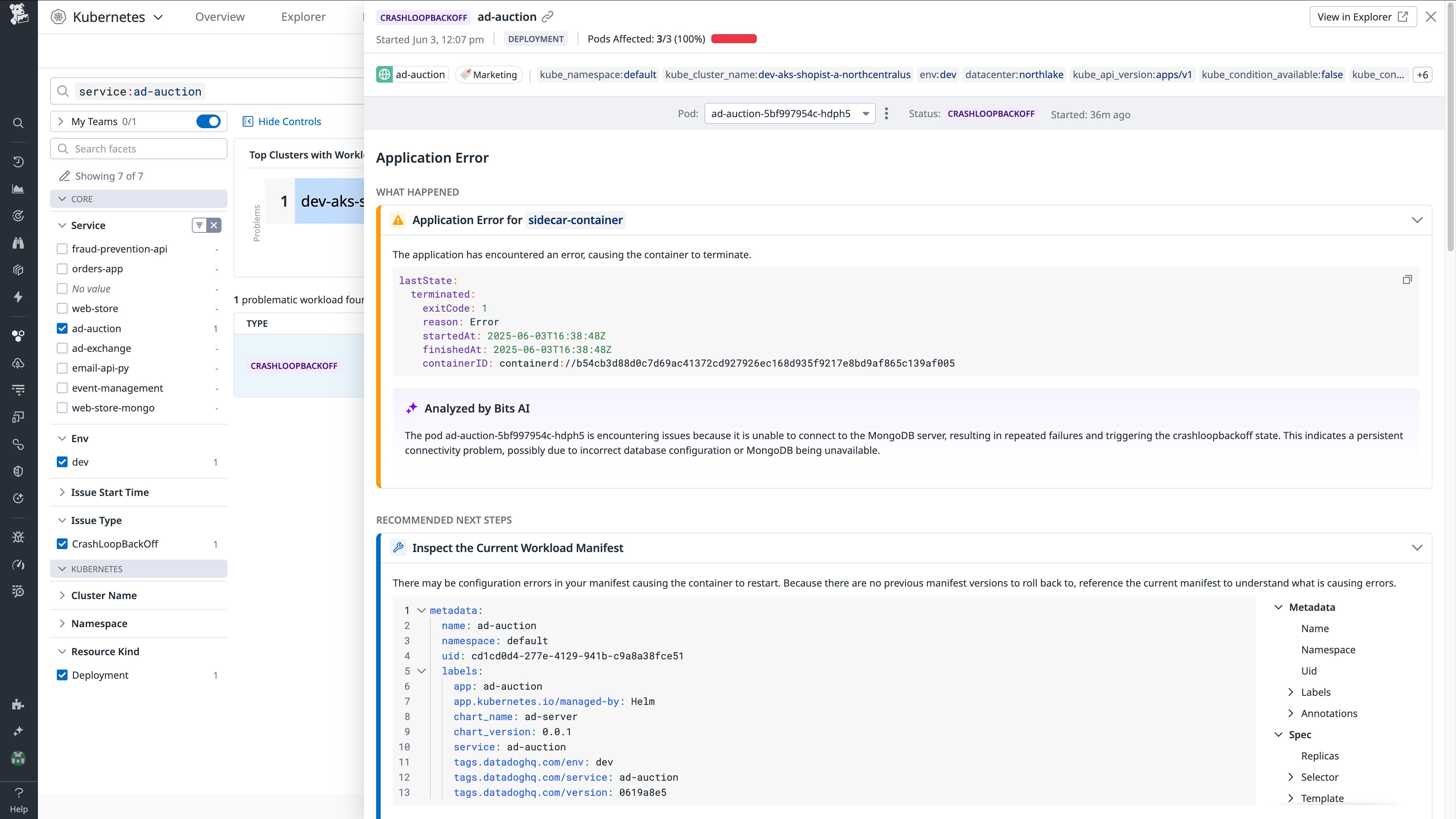 Information about an application error. The screen shows what happened, analysis from Bits AI, and recommended next steps. Information about an application error. The screen shows what happened, analysis from Bits AI, and recommended next steps.