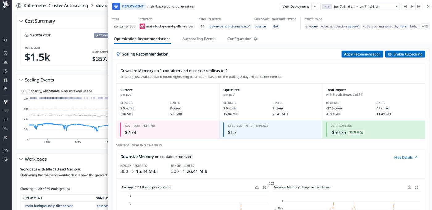 Datadog Kubernetes Autoscaling provides insights and scaling recommendations tailored to your system. Datadog Kubernetes Autoscaling provides insights and scaling recommendations tailored to your system.