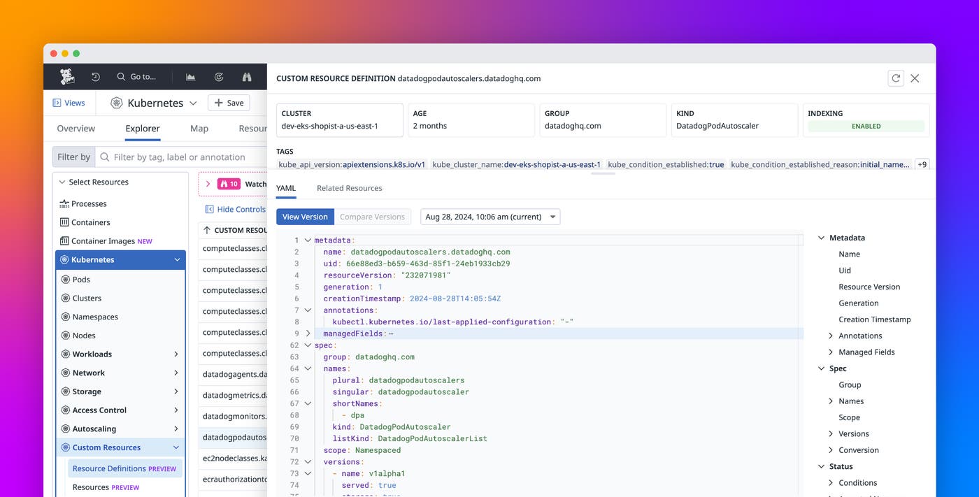 Get complete Kubernetes observability by monitoring your CRDs with Datadog Container Monitoring Get complete Kubernetes observability by monitoring your CRDs with Datadog Container Monitoring