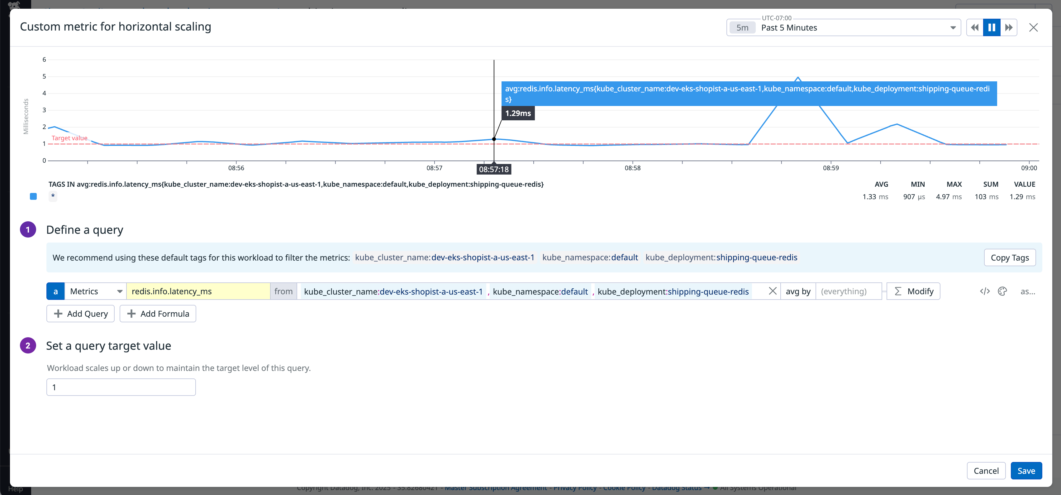 Datadog custom query builder shows how the historical behavior of your selected workload metric is automatically graphed against a target value to help you tune autoscaling thresholds.