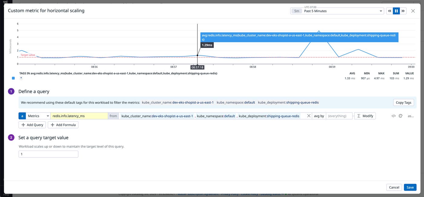 Datadog custom query builder shows how the historical behavior of your selected workload metric is automatically graphed against a target value to help you tune autoscaling thresholds. Datadog custom query builder shows how the historical behavior of your selected workload metric is automatically graphed against a target value to help you tune autoscaling thresholds.