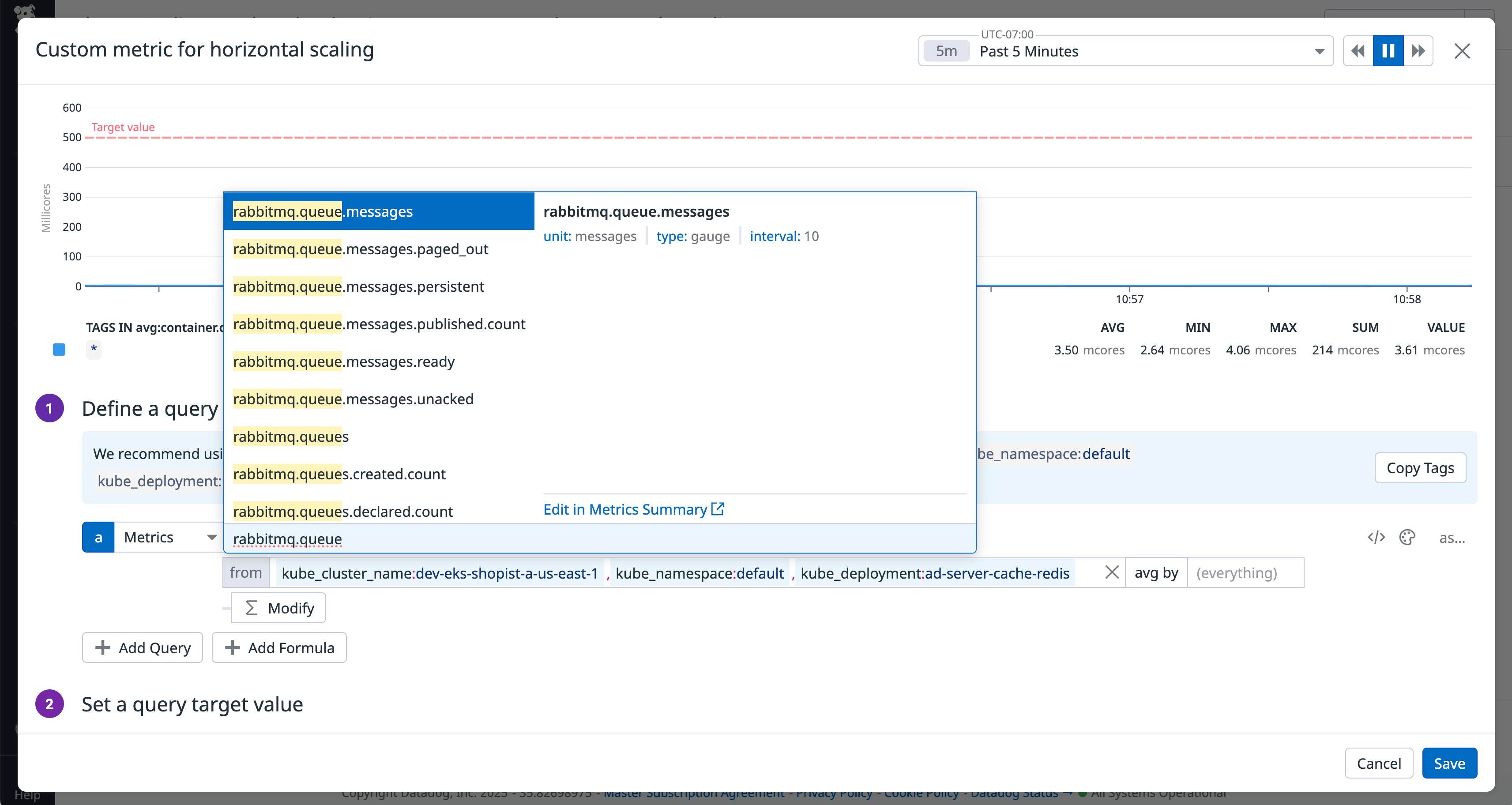Datadog UI showing how a RabbitMQ queue metric is selected as the input for a Kubernetes Autoscaling policy.