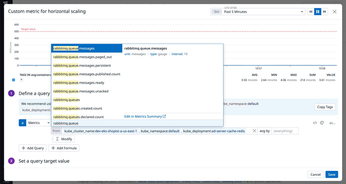 Datadog UI showing how a RabbitMQ queue metric is selected as the input for a Kubernetes Autoscaling policy. Datadog UI showing how a RabbitMQ queue metric is selected as the input for a Kubernetes Autoscaling policy.