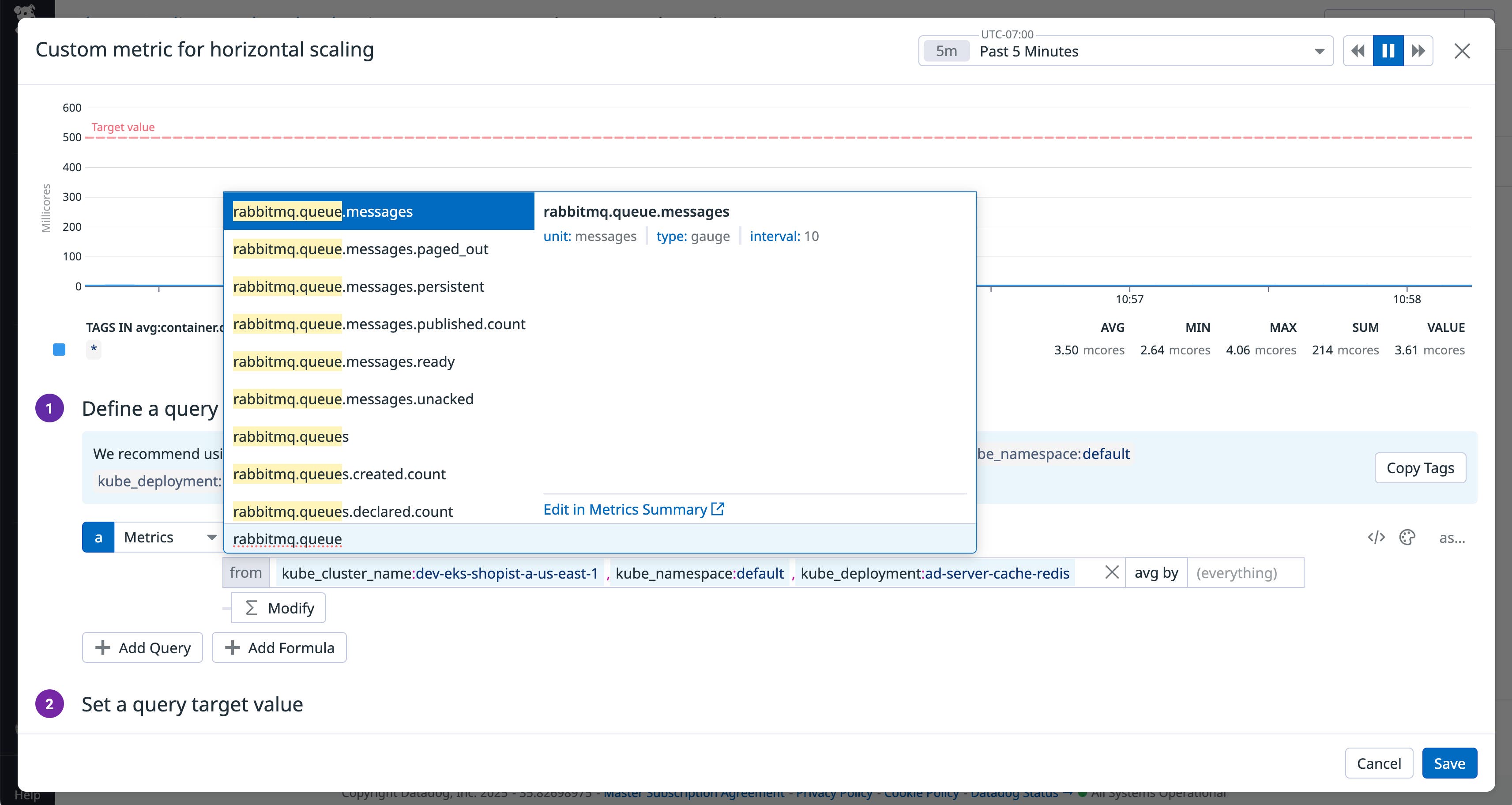 Datadog UI showing how a RabbitMQ queue metric is selected as the input for a Kubernetes Autoscaling policy. Datadog UI showing how a RabbitMQ queue metric is selected as the input for a Kubernetes Autoscaling policy.