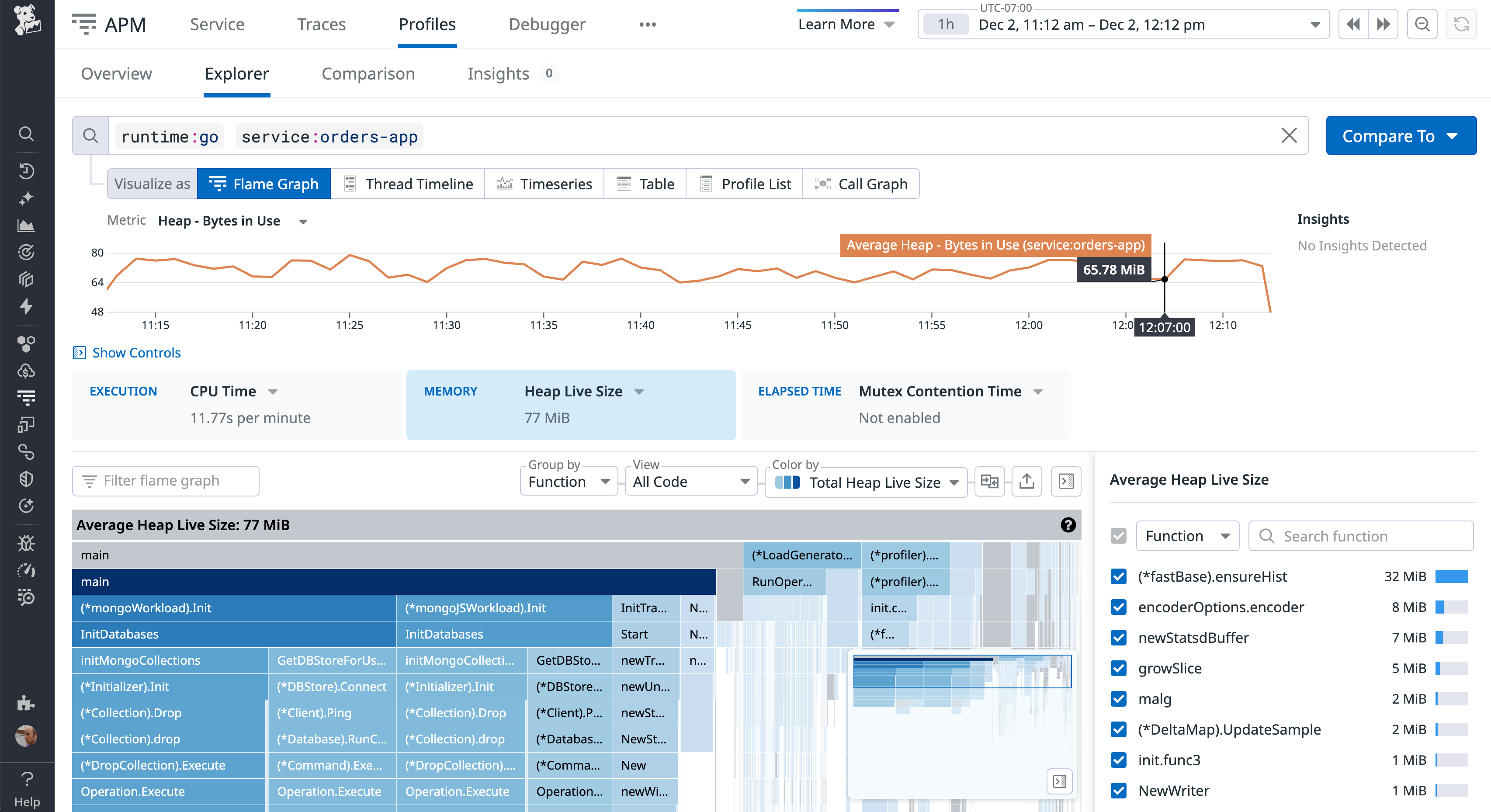 A screenshot of Datadog's Continuous Profiler displaying a Go application flame graph, with call stacks and function names visualized by CPU and memory usage.