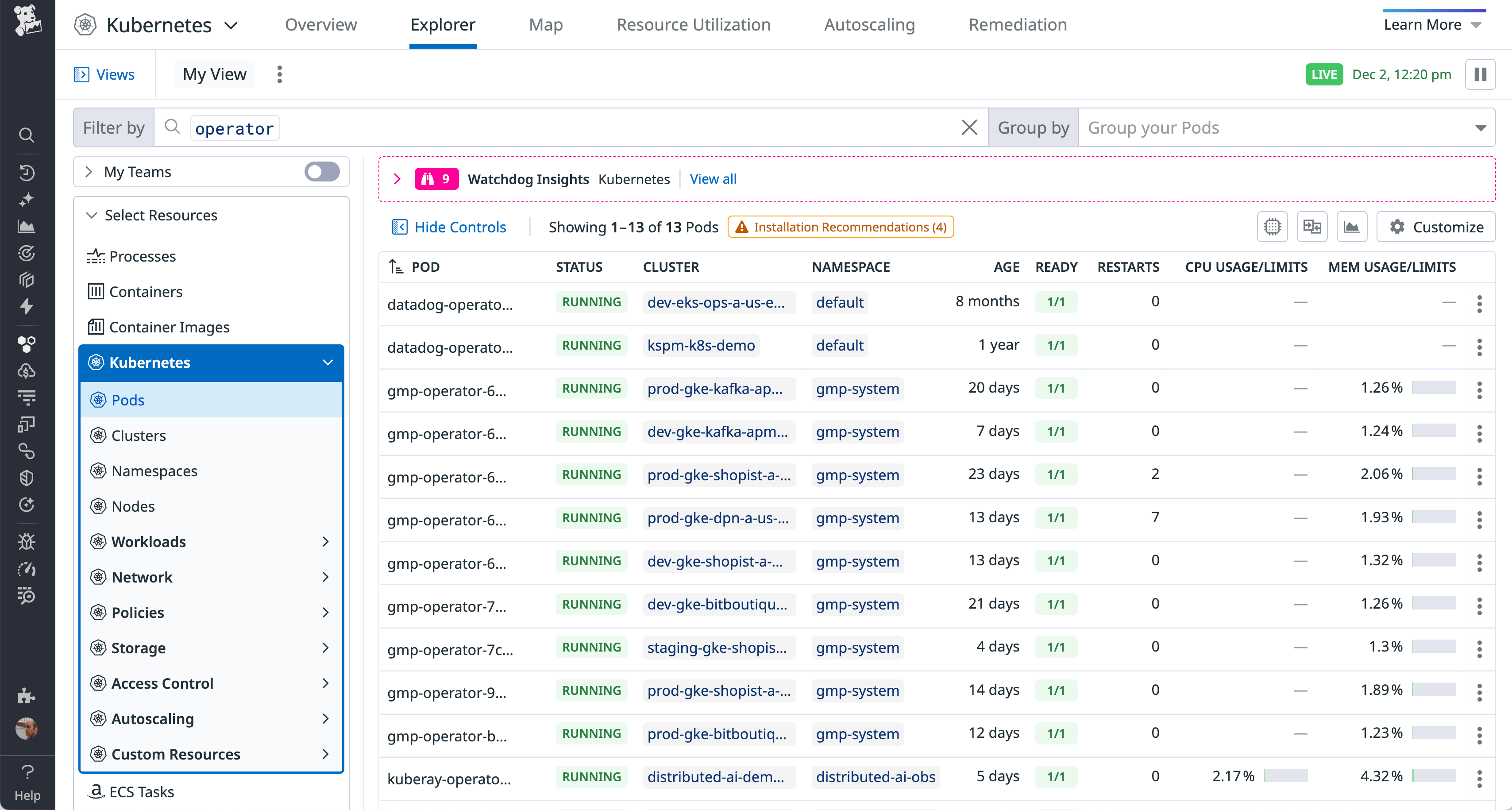 A screenshot of Datadog's Live Containers view showing a list of Kubernetes pods, including namespaces, images, CPU limits, memory usage, and resource pressure.