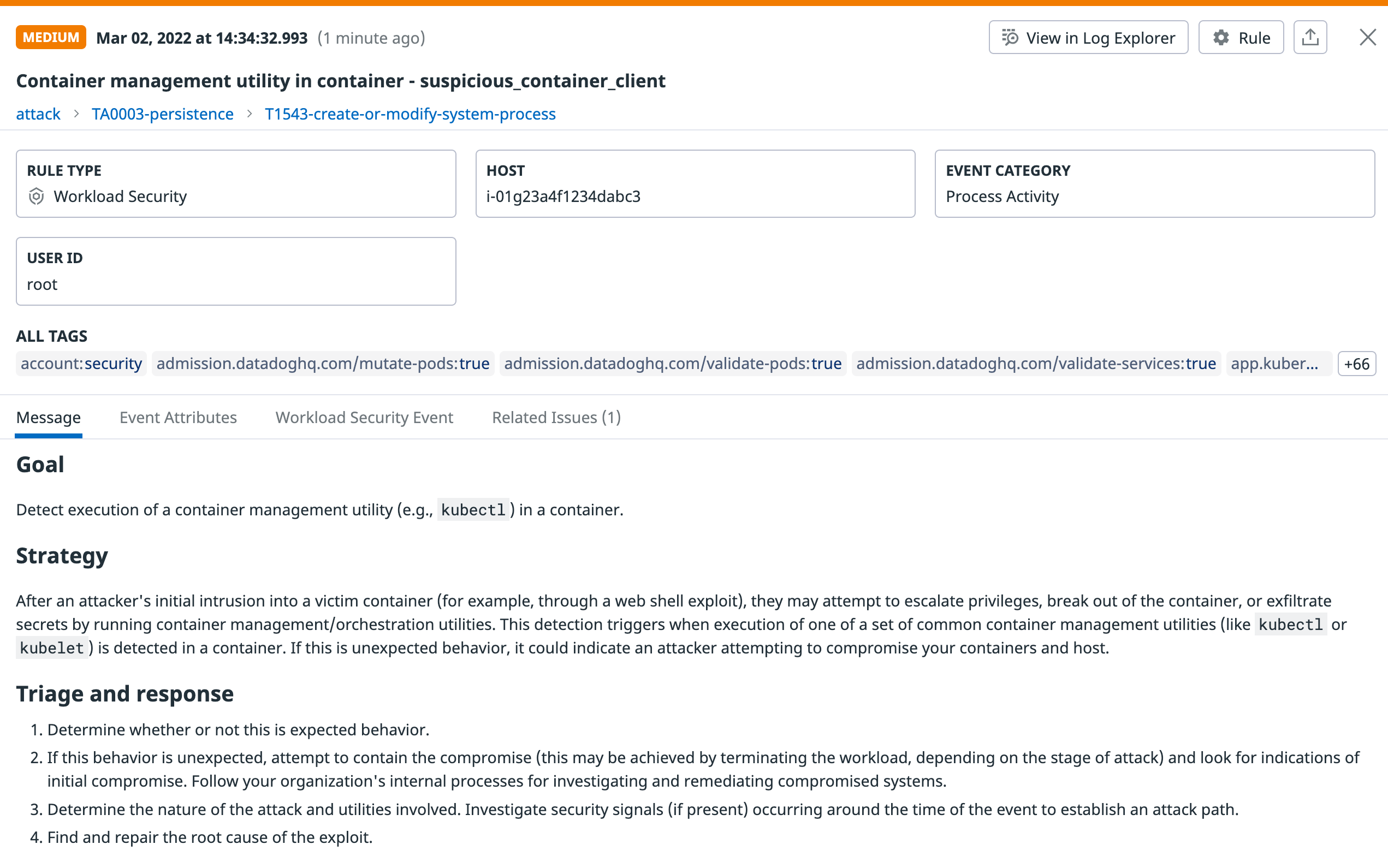 A signal generated by Datadog Workload Protection when a container management utility is launched in a container