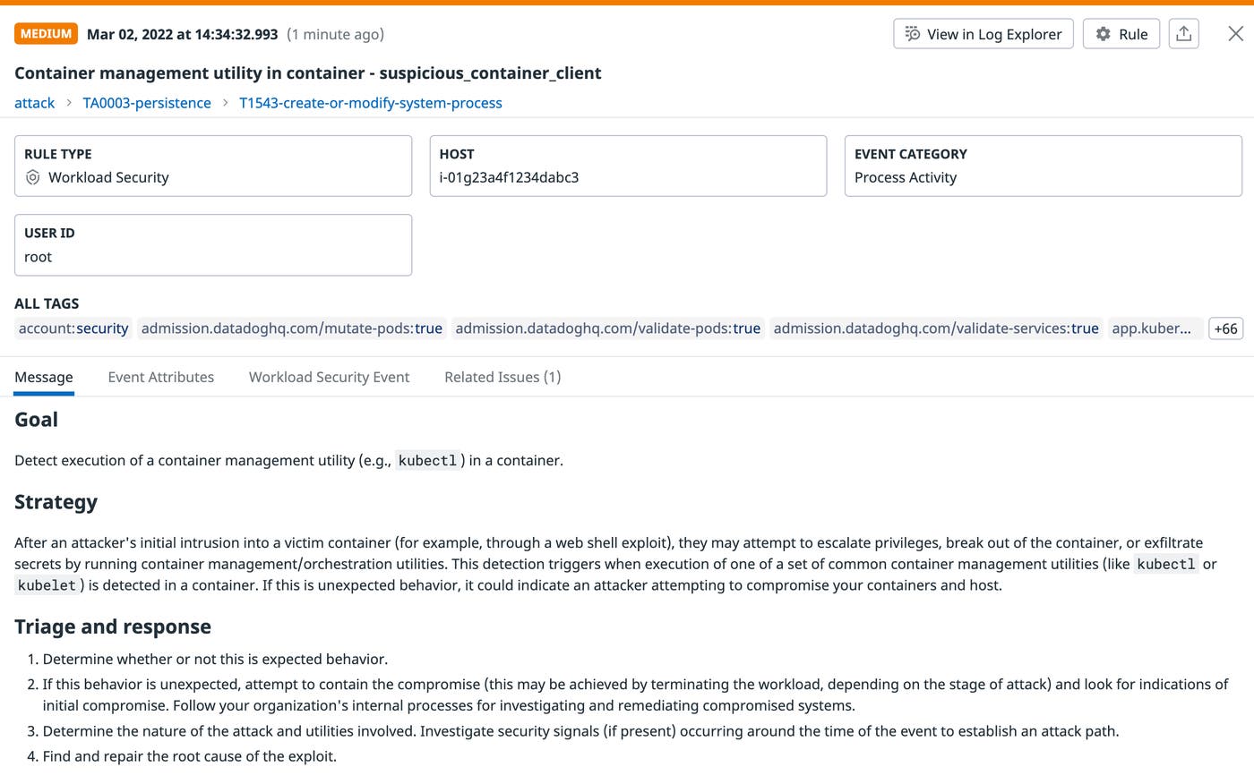 A signal generated by Datadog Workload Protection when a container management utility is launched in a container A signal generated by Datadog Workload Protection when a container management utility is launched in a container