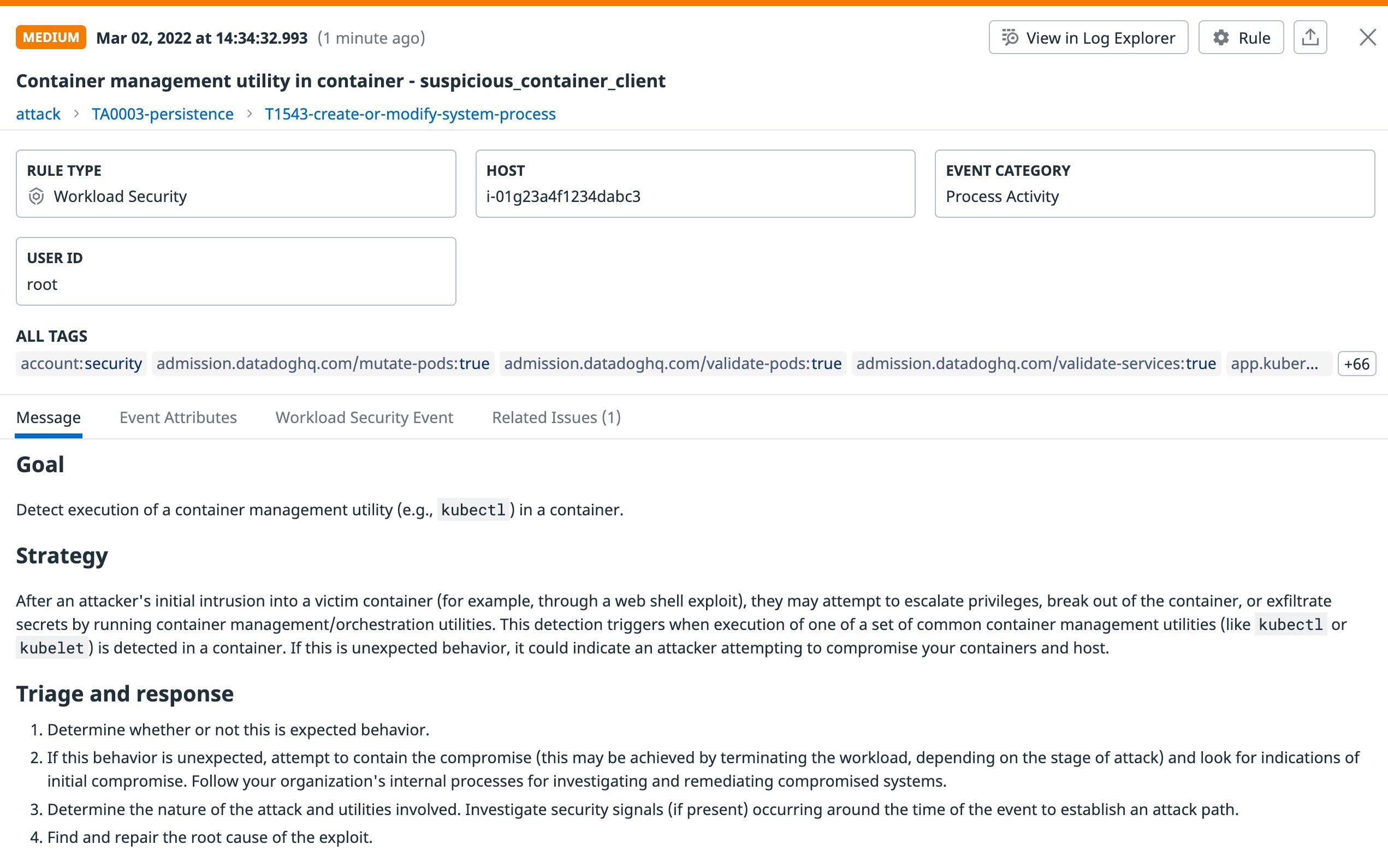 A signal generated by Datadog Workload Protection when a container management utility is launched in a container A signal generated by Datadog Workload Protection when a container management utility is launched in a container