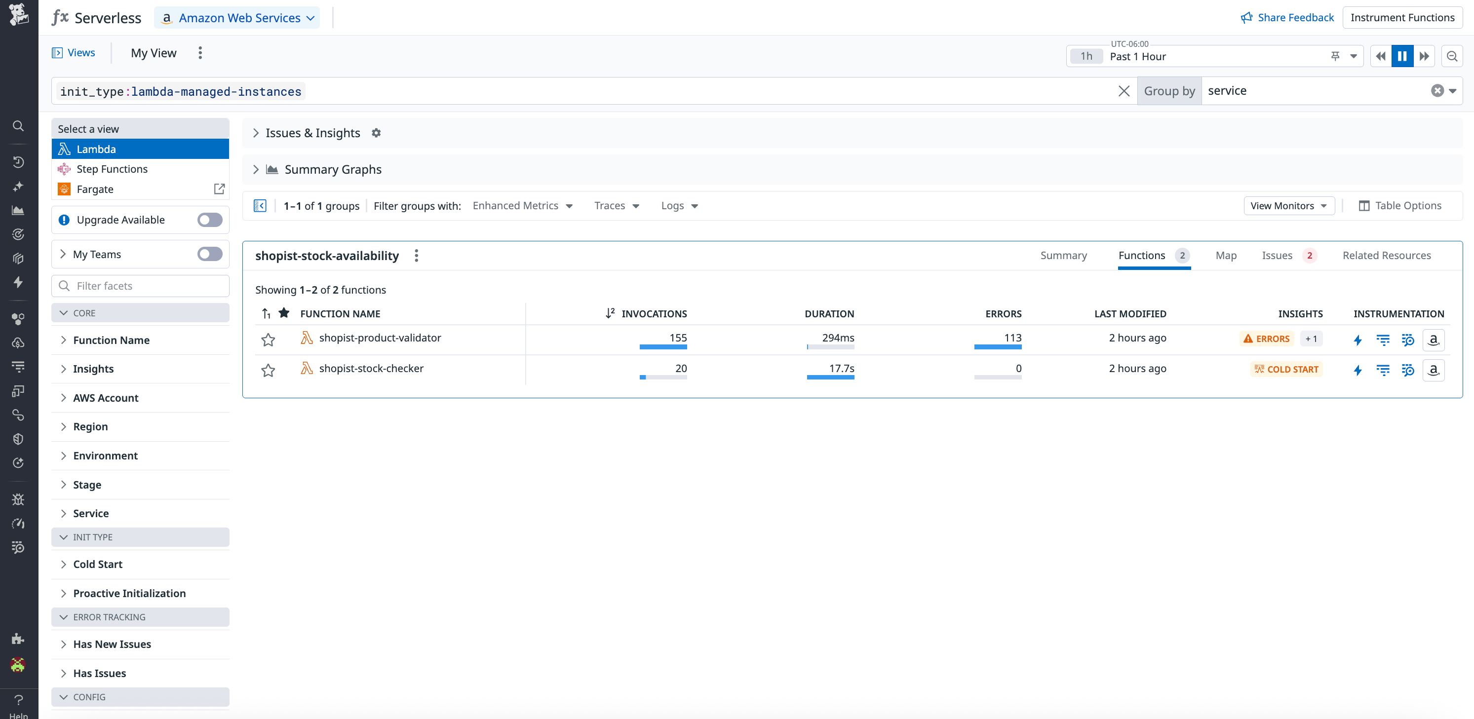 View your AWS Lambda Managed Instances in the AWS Serverless Monitoring view.