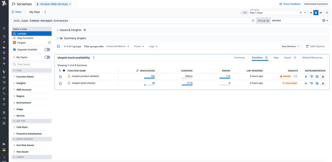 View your AWS Lambda Managed Instances in the AWS Serverless Monitoring view. View your AWS Lambda Managed Instances in the AWS Serverless Monitoring view.