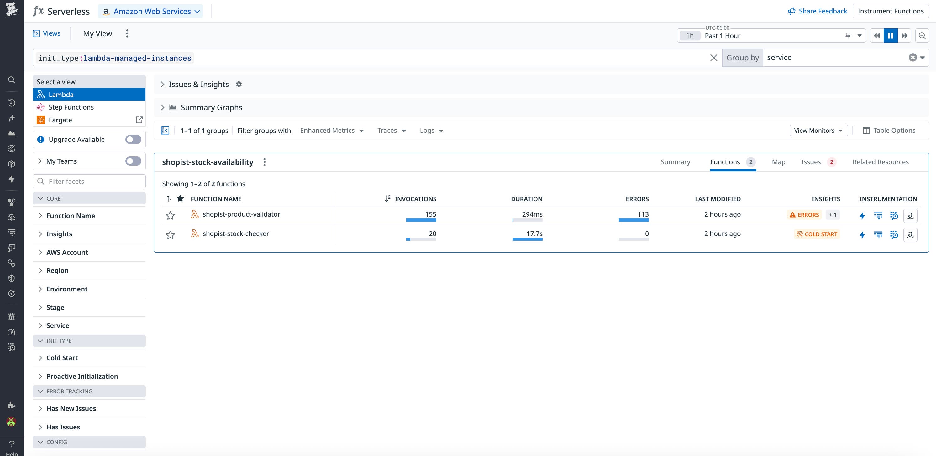 View your AWS Lambda Managed Instances in the AWS Serverless Monitoring view. View your AWS Lambda Managed Instances in the AWS Serverless Monitoring view.