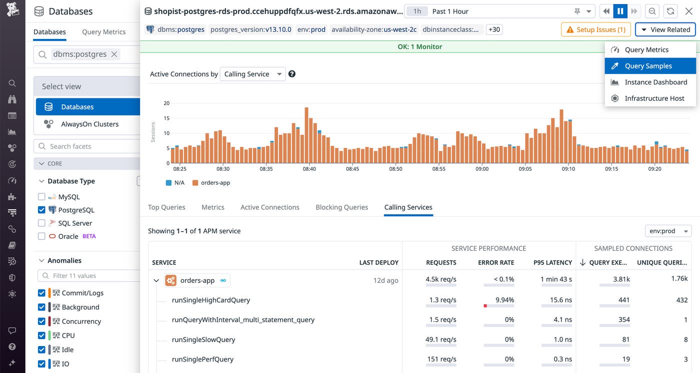 The Database List shows active connections by calling service and a link to query samples. The Database List shows active connections by calling service and a link to query samples.