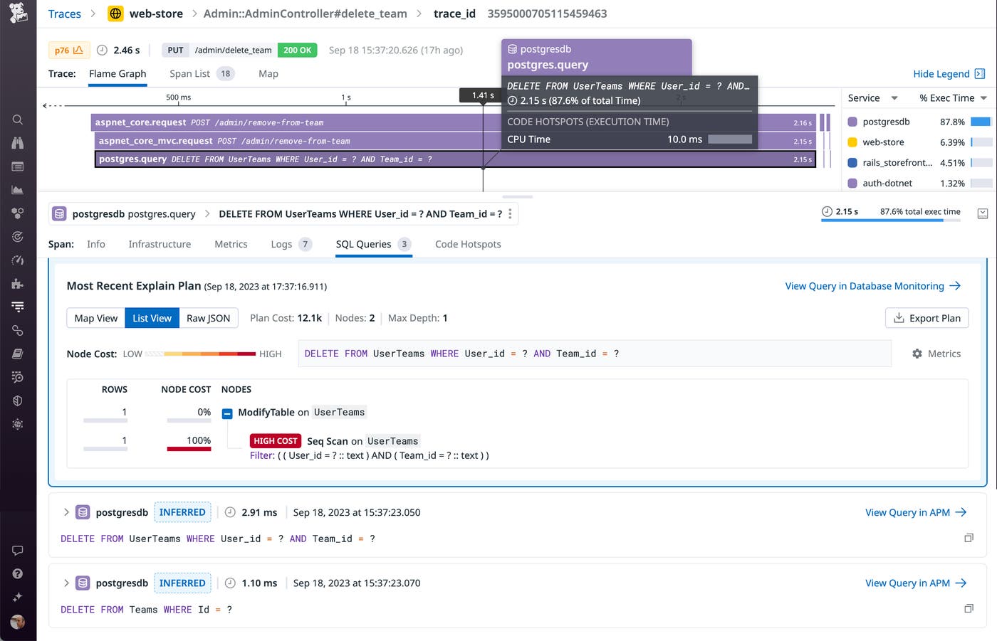 The SQL Queries tab in the trace view shows RED metrics and the query's text, explain plan, cost, and execution time. The SQL Queries tab in the trace view shows RED metrics and the query's text, explain plan, cost, and execution time.