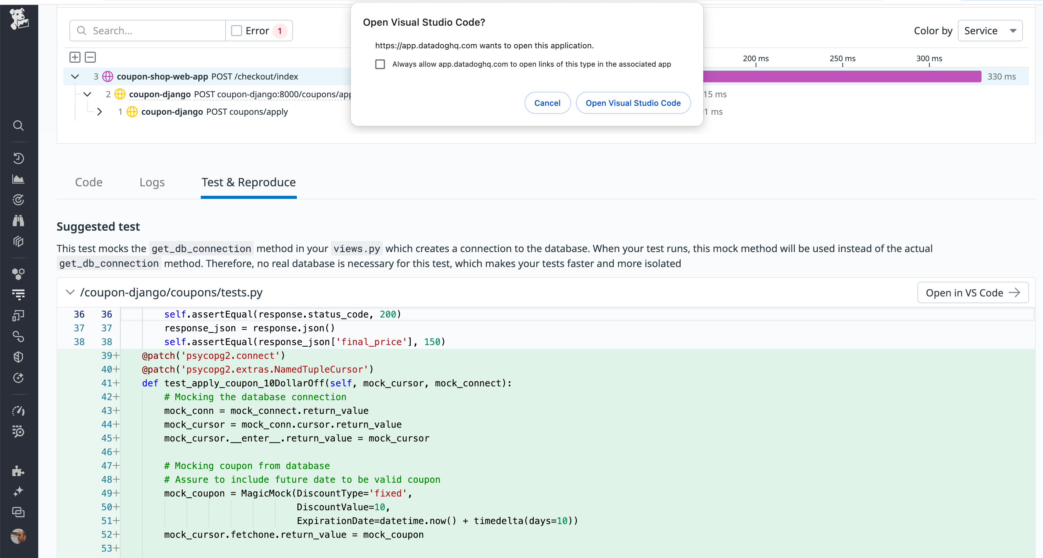 A screenshot of the Debugger shows the source code for an integration test and a dialog for opening the test in VS Code.