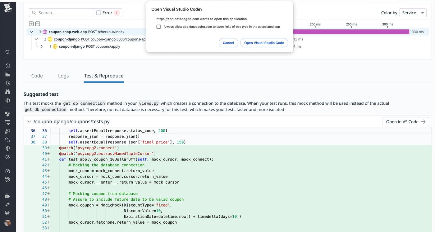 A screenshot of the Debugger shows the source code for an integration test and a dialog for opening the test in VS Code. A screenshot of the Debugger shows the source code for an integration test and a dialog for opening the test in VS Code.