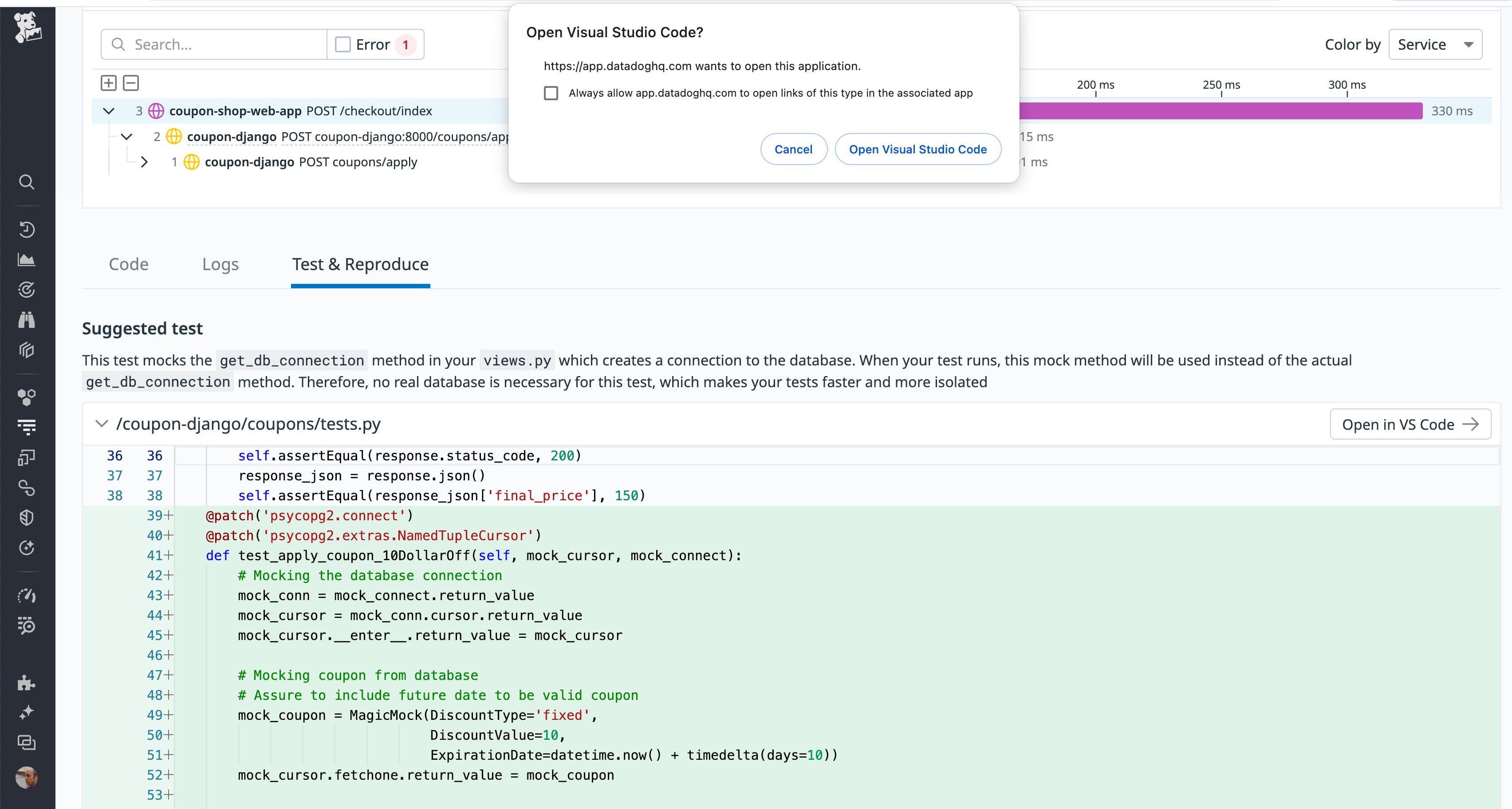 A screenshot of the Debugger shows the source code for an integration test and a dialog for opening the test in VS Code. A screenshot of the Debugger shows the source code for an integration test and a dialog for opening the test in VS Code.