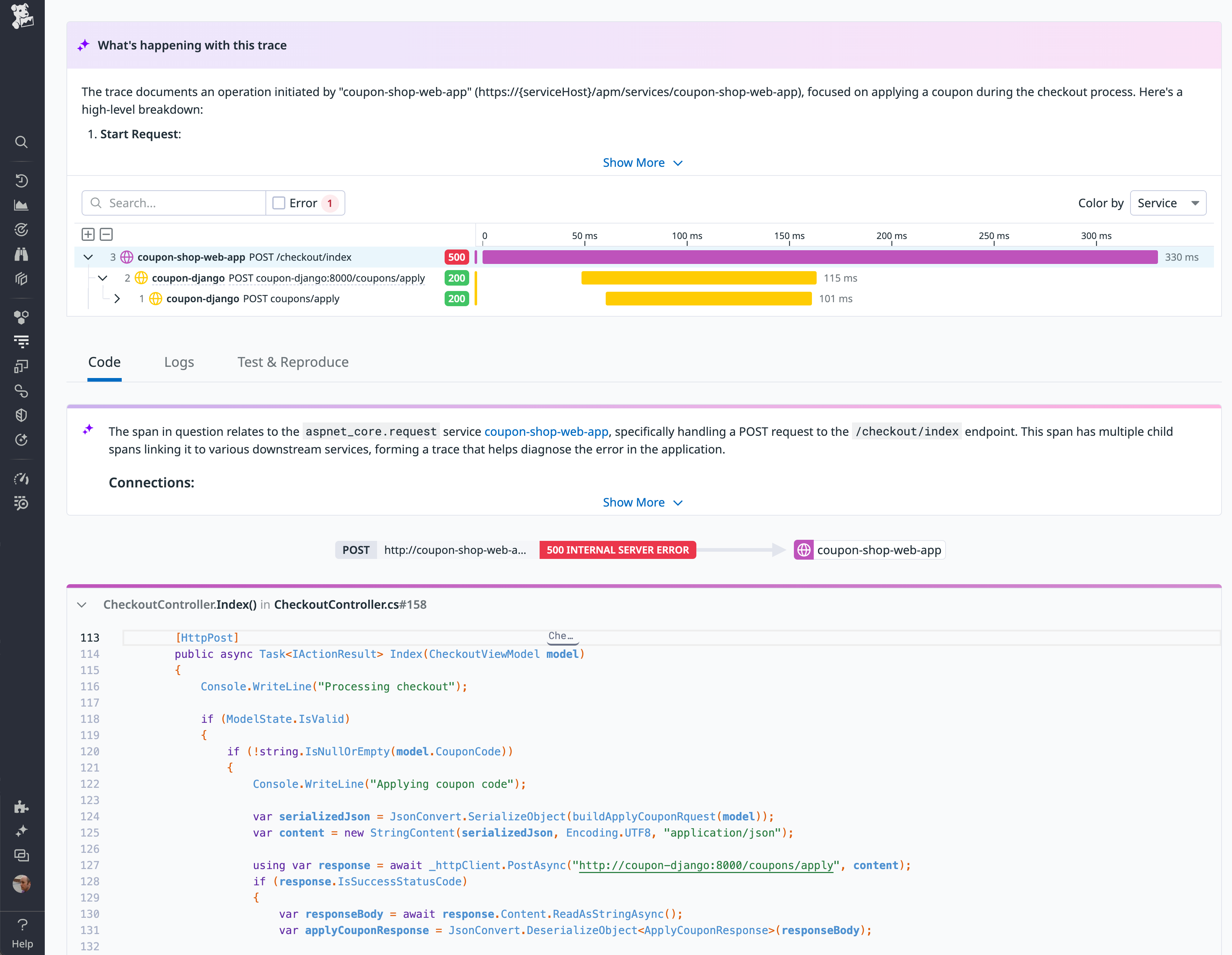 A screenshot of the Debugger shows an explanation of what the trace illustrates, followed by a flame graph, followed by an excerpt of the service's source code.