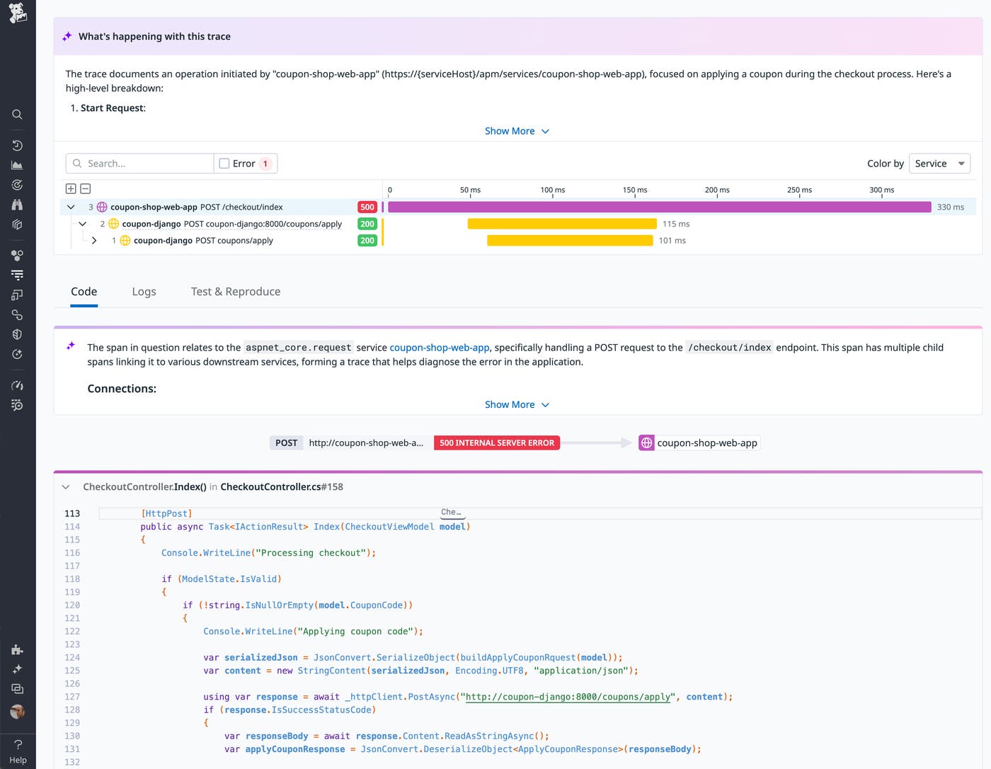 A screenshot of the Debugger shows an explanation of what the trace illustrates, followed by a flame graph, followed by an excerpt of the service's source code. A screenshot of the Debugger shows an explanation of what the trace illustrates, followed by a flame graph, followed by an excerpt of the service's source code.
