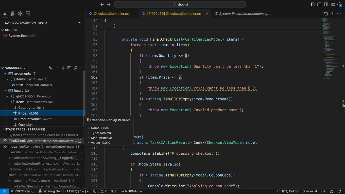 A screenshot of the VS Code UI shows the values of local variables determined by Exception Replay, and the source code of the checkout controller. A screenshot of the VS Code UI shows the values of local variables determined by Exception Replay, and the source code of the checkout controller.