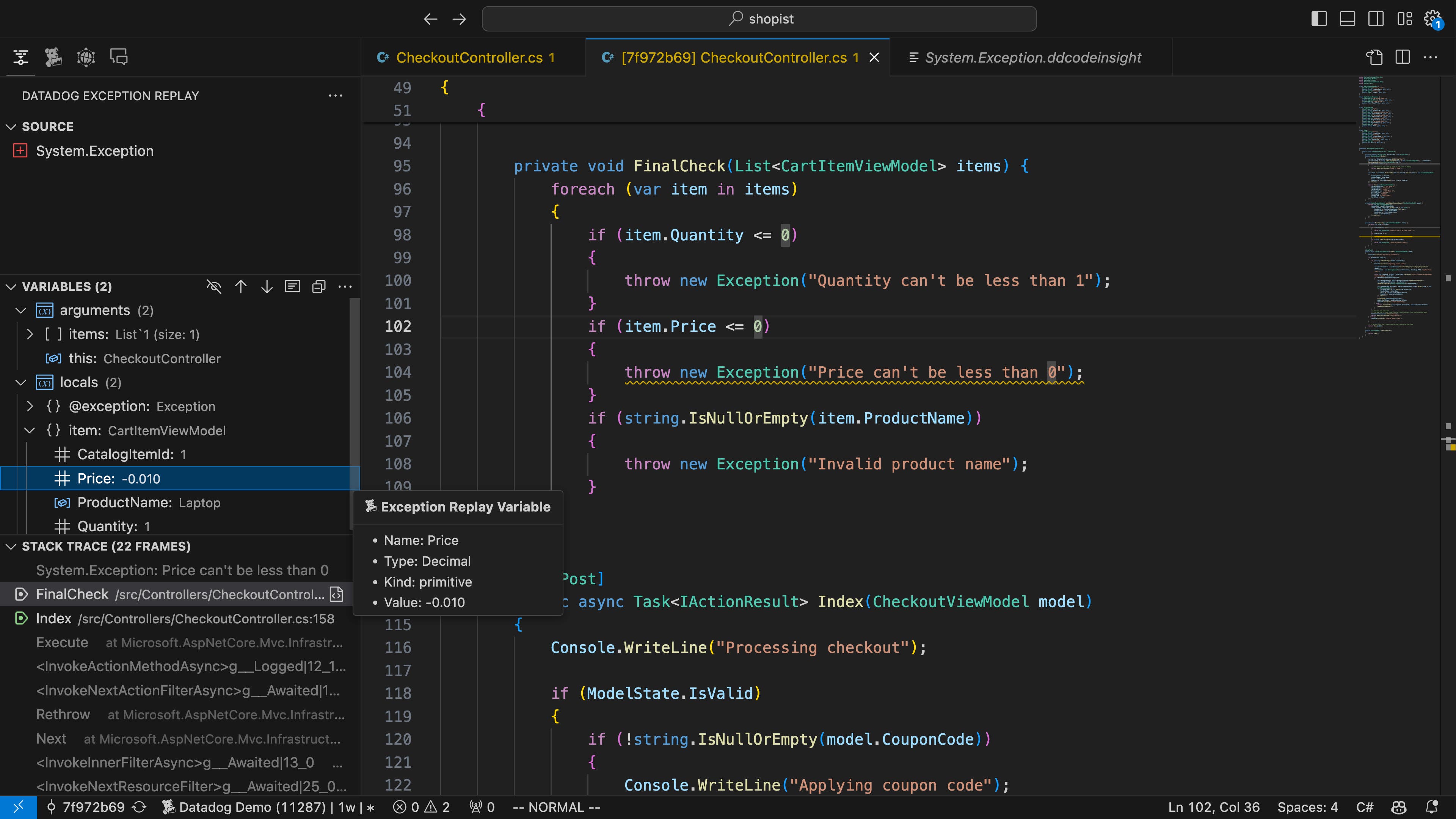 A screenshot of the VS Code UI shows the values of local variables determined by Exception Replay, and the source code of the checkout controller. A screenshot of the VS Code UI shows the values of local variables determined by Exception Replay, and the source code of the checkout controller.