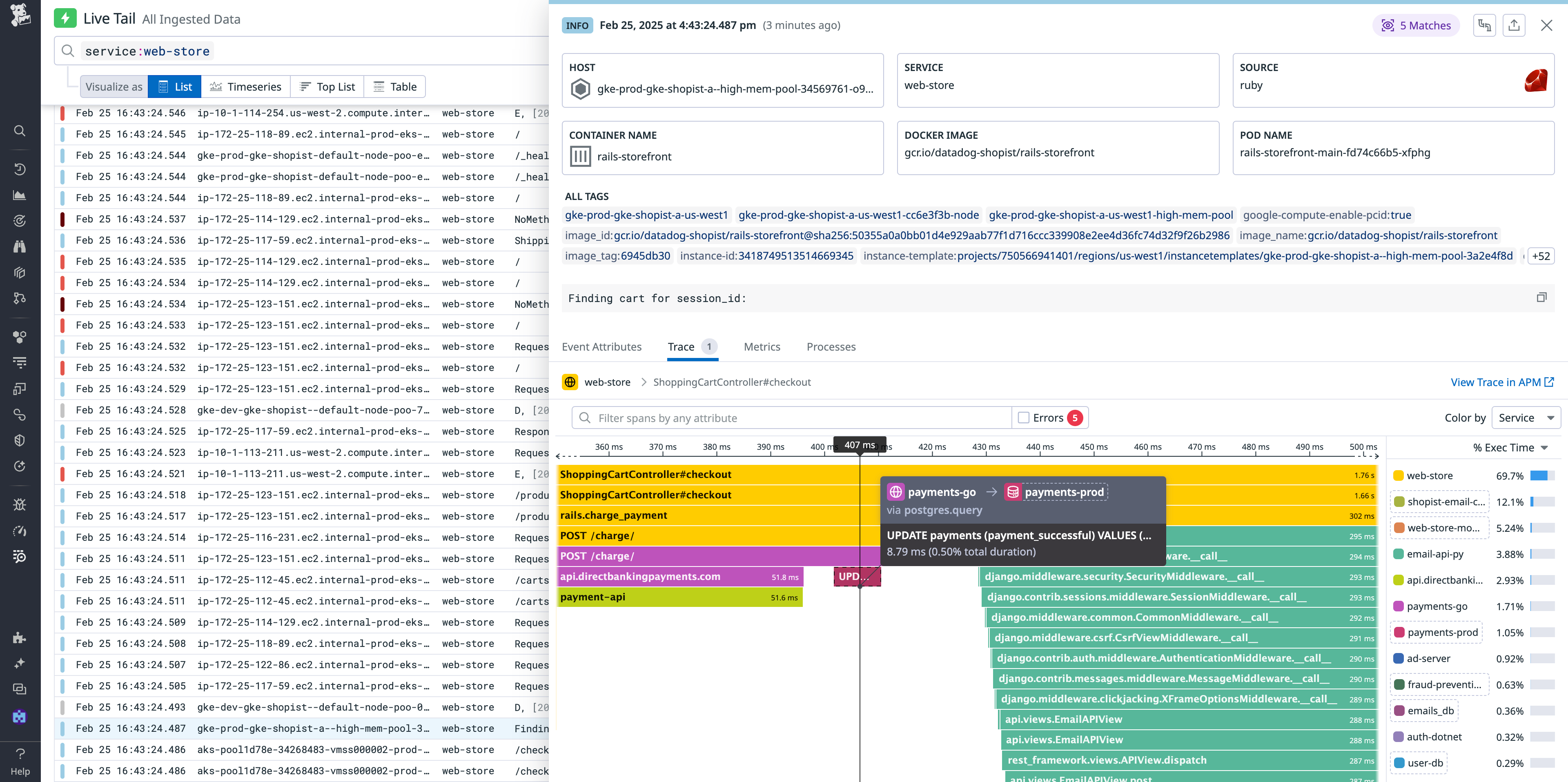 A list of logs on the Live Tail page. Selecting an individual log shows a log side panel and the associated trace's information, including a flame graph