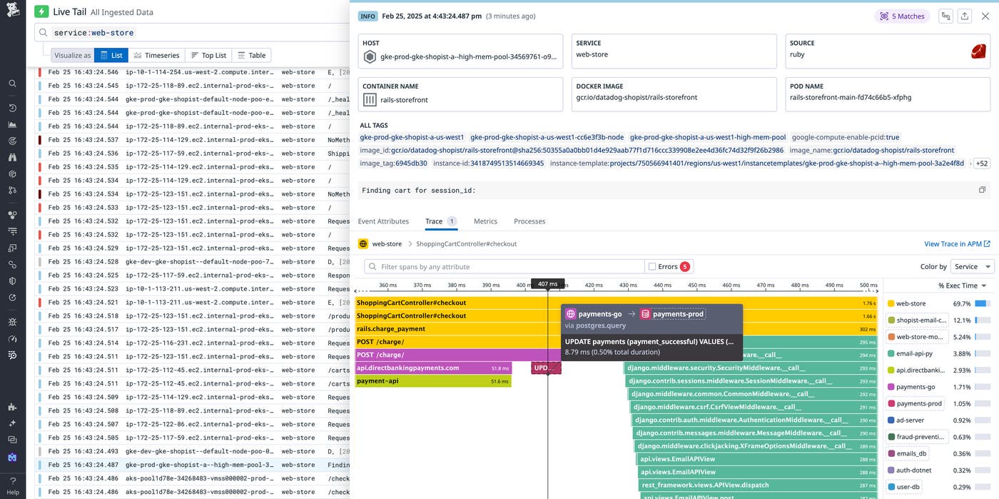 A list of logs on the Live Tail page. Selecting an individual log shows a log side panel and the associated trace's information, including a flame graph A list of logs on the Live Tail page. Selecting an individual log shows a log side panel and the associated trace's information, including a flame graph