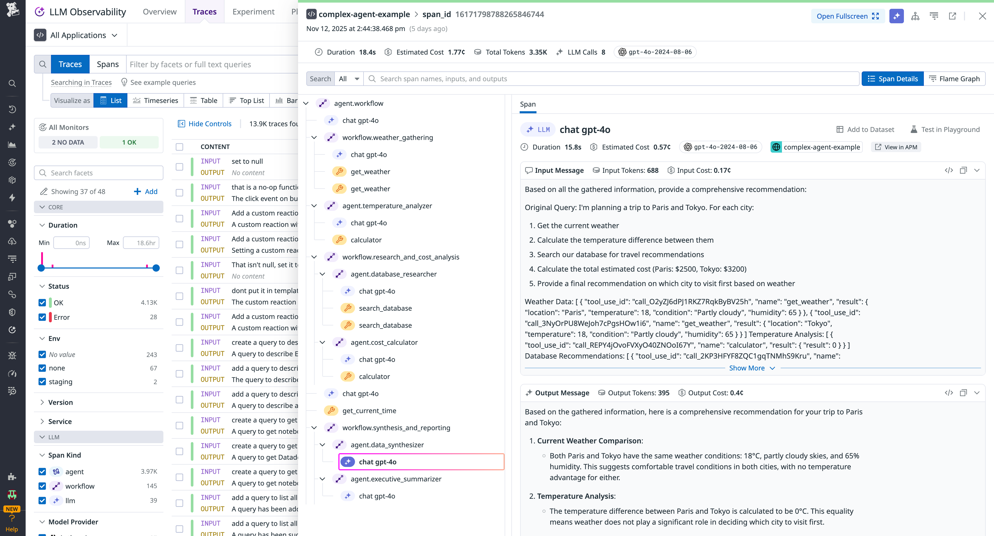 A screenshot showing a trace of a complex agent created through Strands Agents.