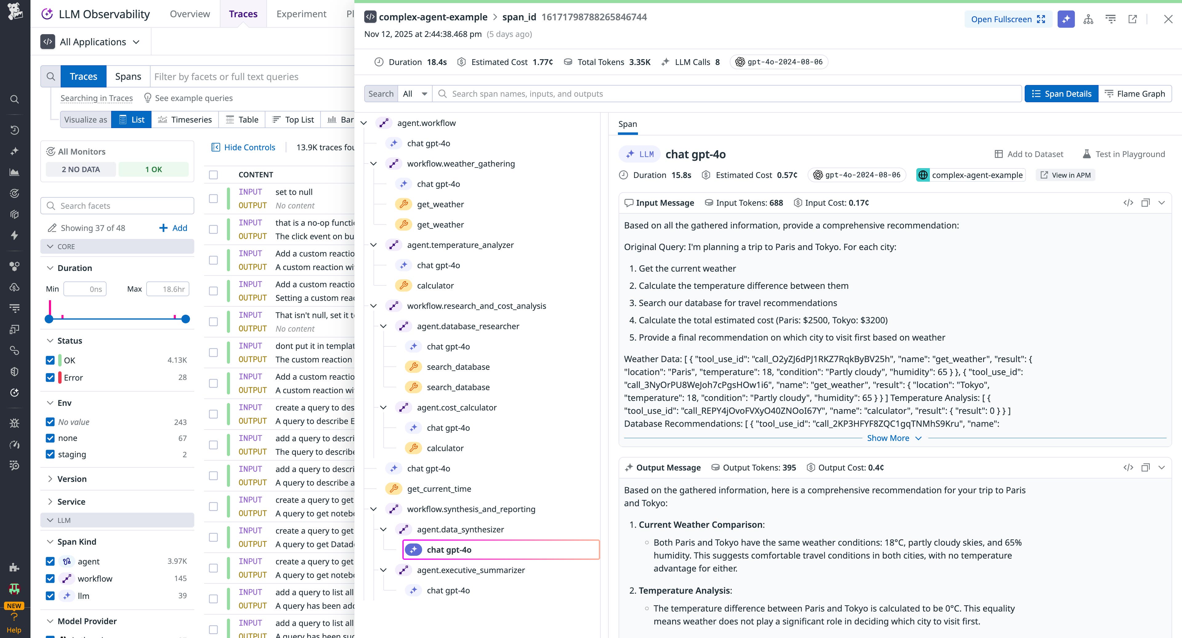 A screenshot showing a trace of a complex agent created through Strands Agents. A screenshot showing a trace of a complex agent created through Strands Agents.