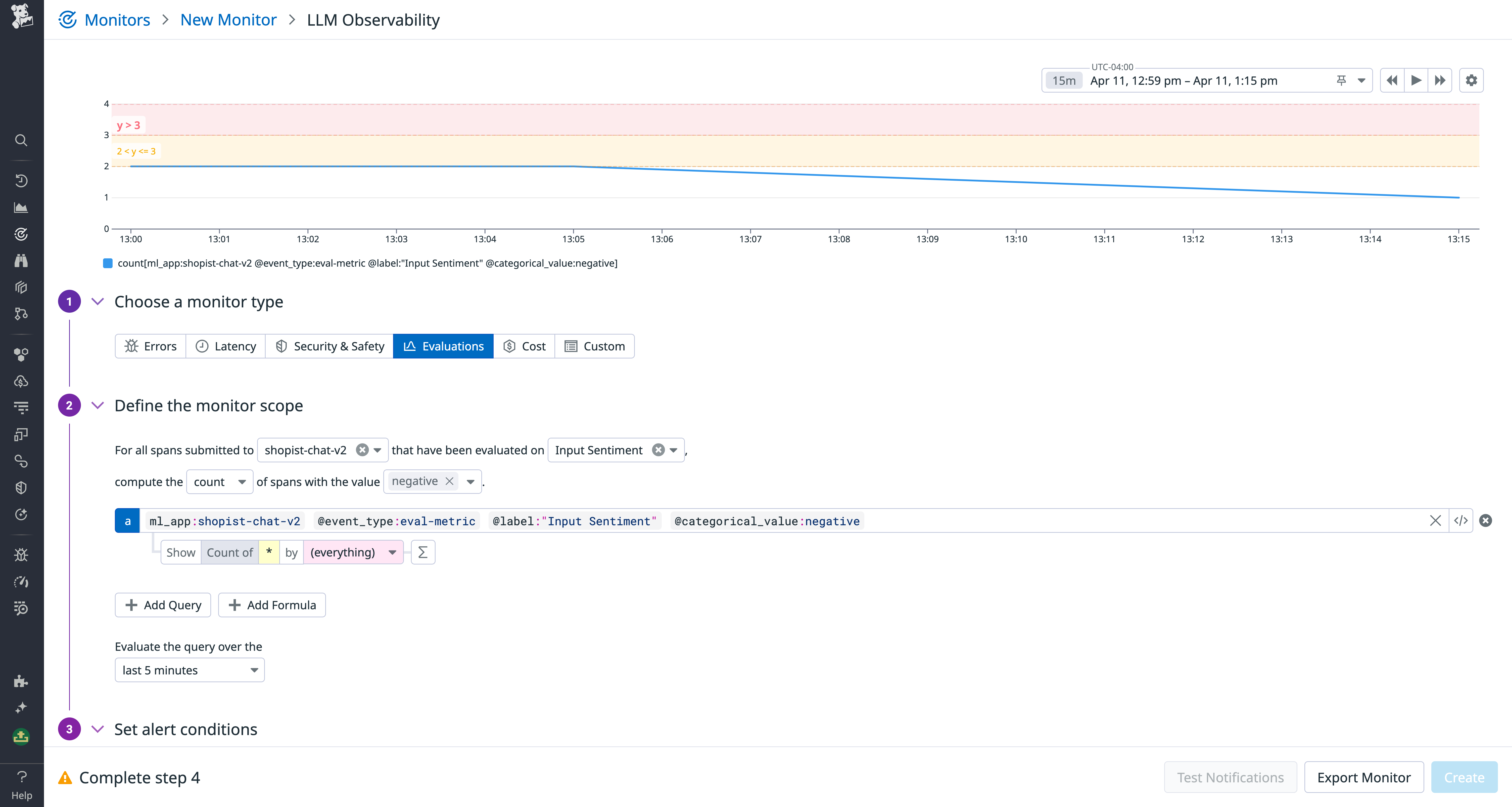 Creating a monitor to alert on evaluation results.