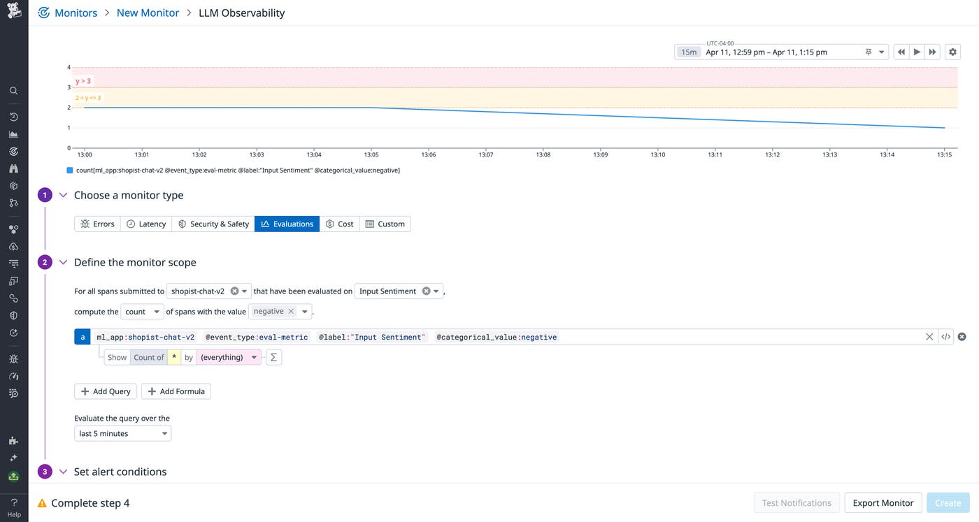 Creating a monitor to alert on evaluation results. Creating a monitor to alert on evaluation results.
