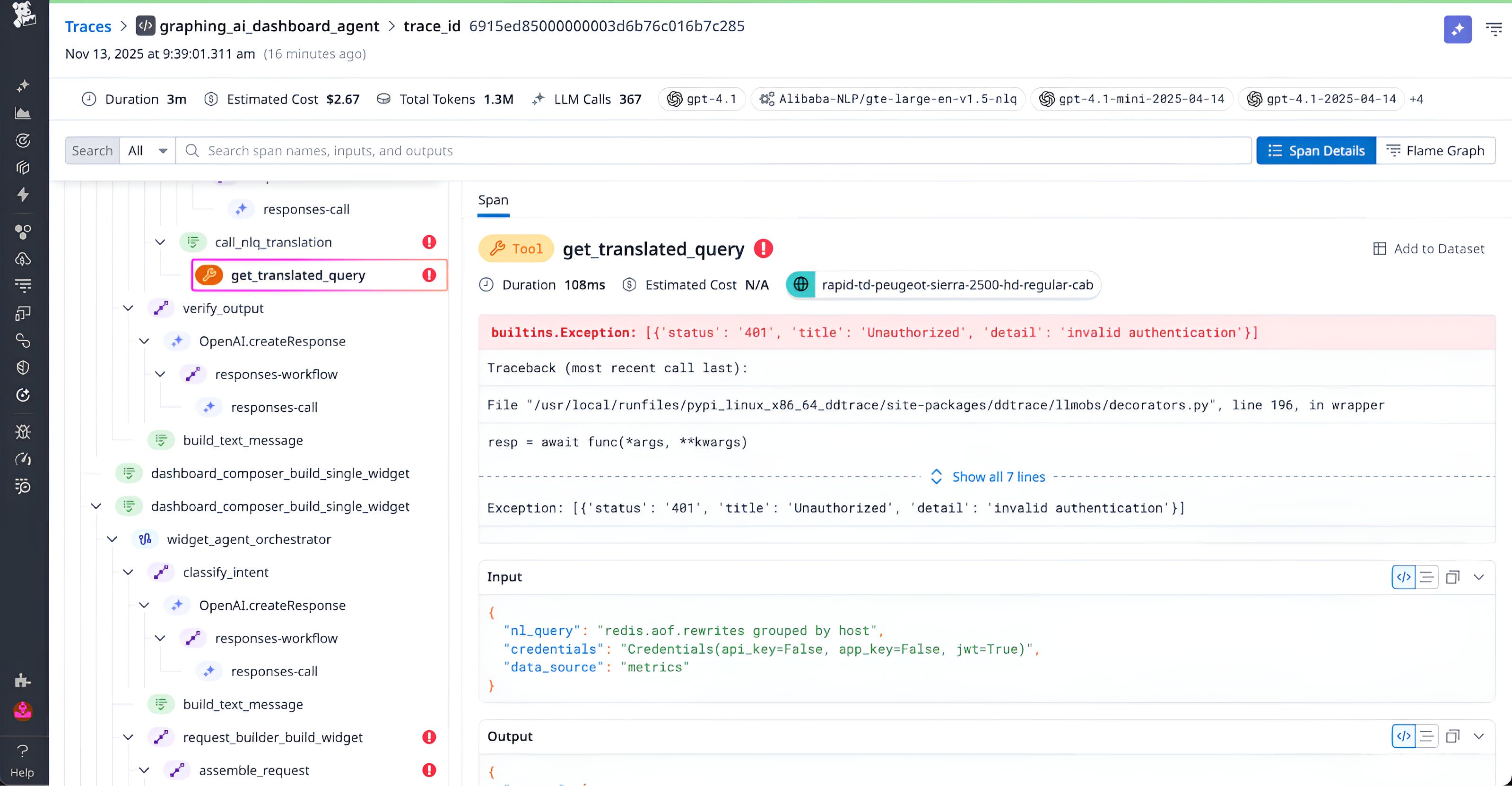 A screenshot showing a trace examination with an HTTP 401 error. A screenshot showing a trace examination with an HTTP 401 error.