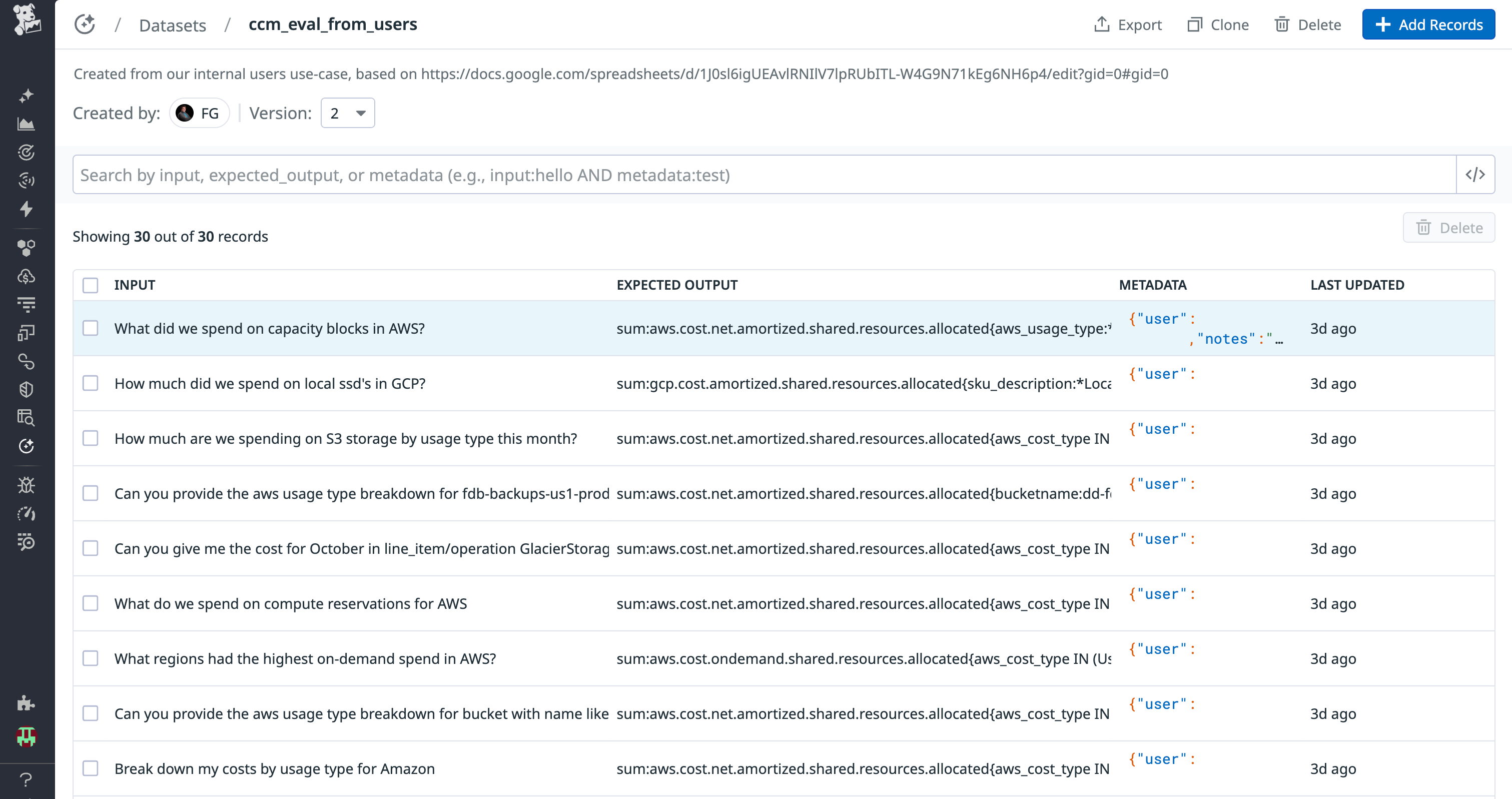 A screenshot showing the created datasets used by our evaluators.