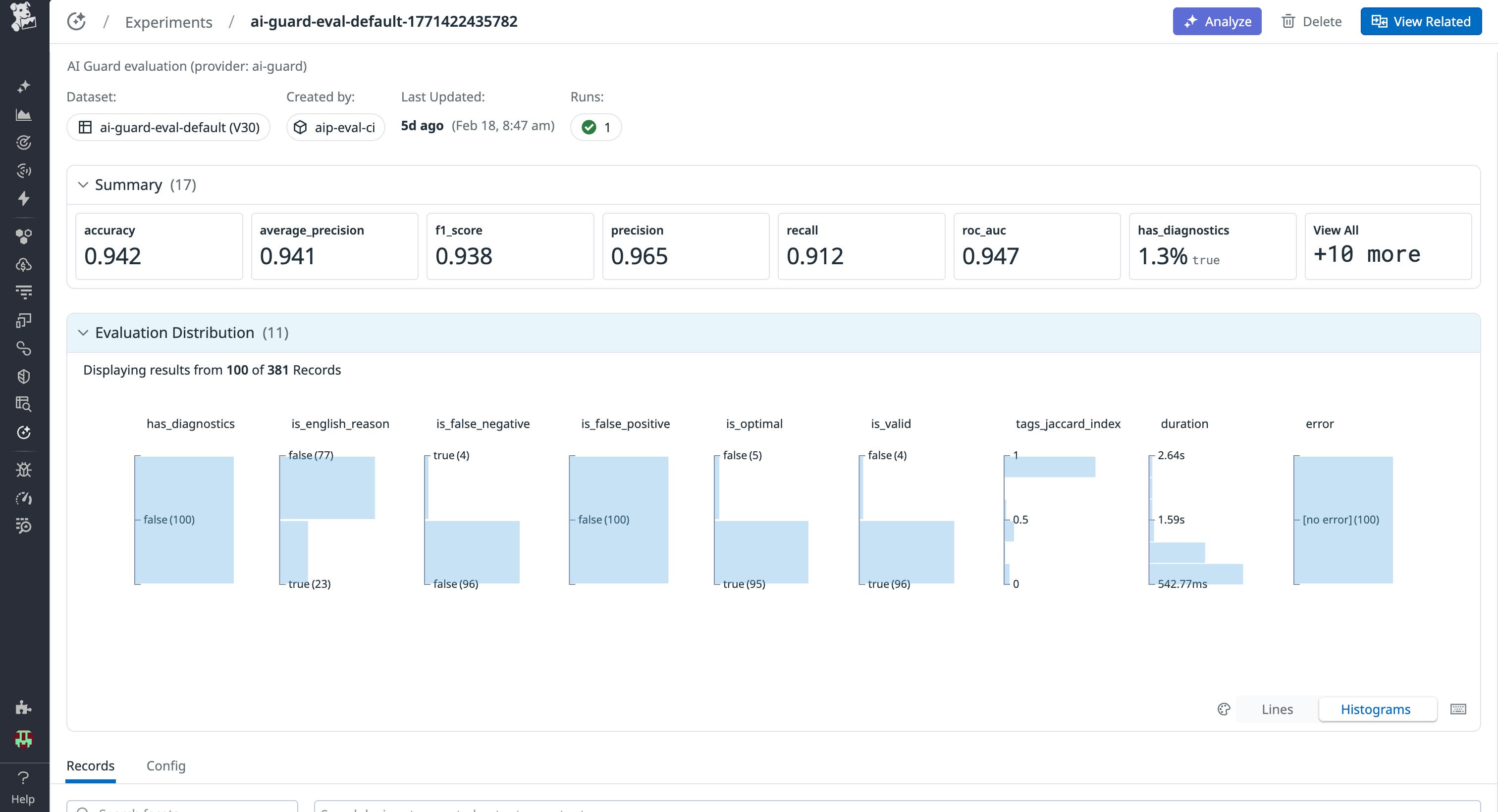 A screenshot showing more details and results of specific evaluations for AI Guard. A screenshot showing more details and results of specific evaluations for AI Guard.