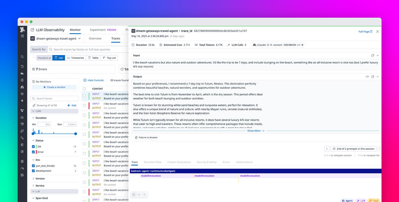Monitor agents built on Amazon Bedrock with Datadog LLM Observability Monitor agents built on Amazon Bedrock with Datadog LLM Observability